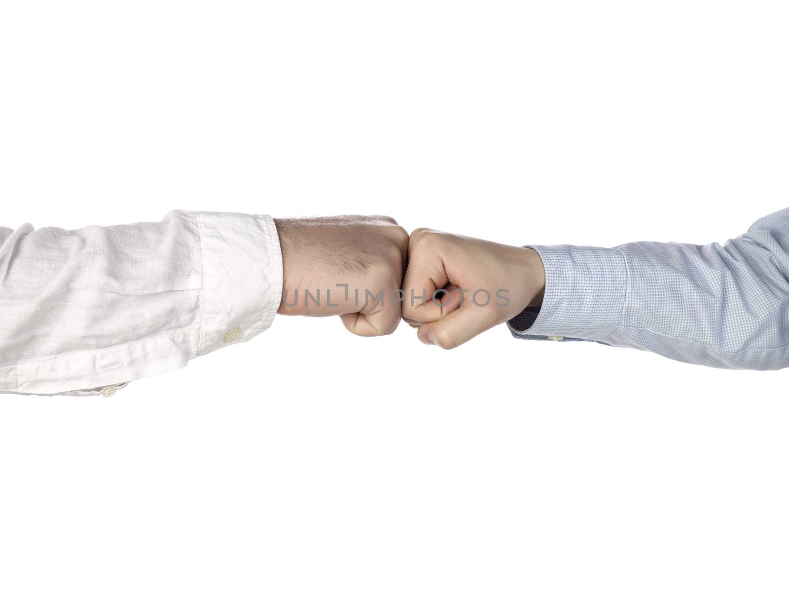 two hands doing a fist bump on white background