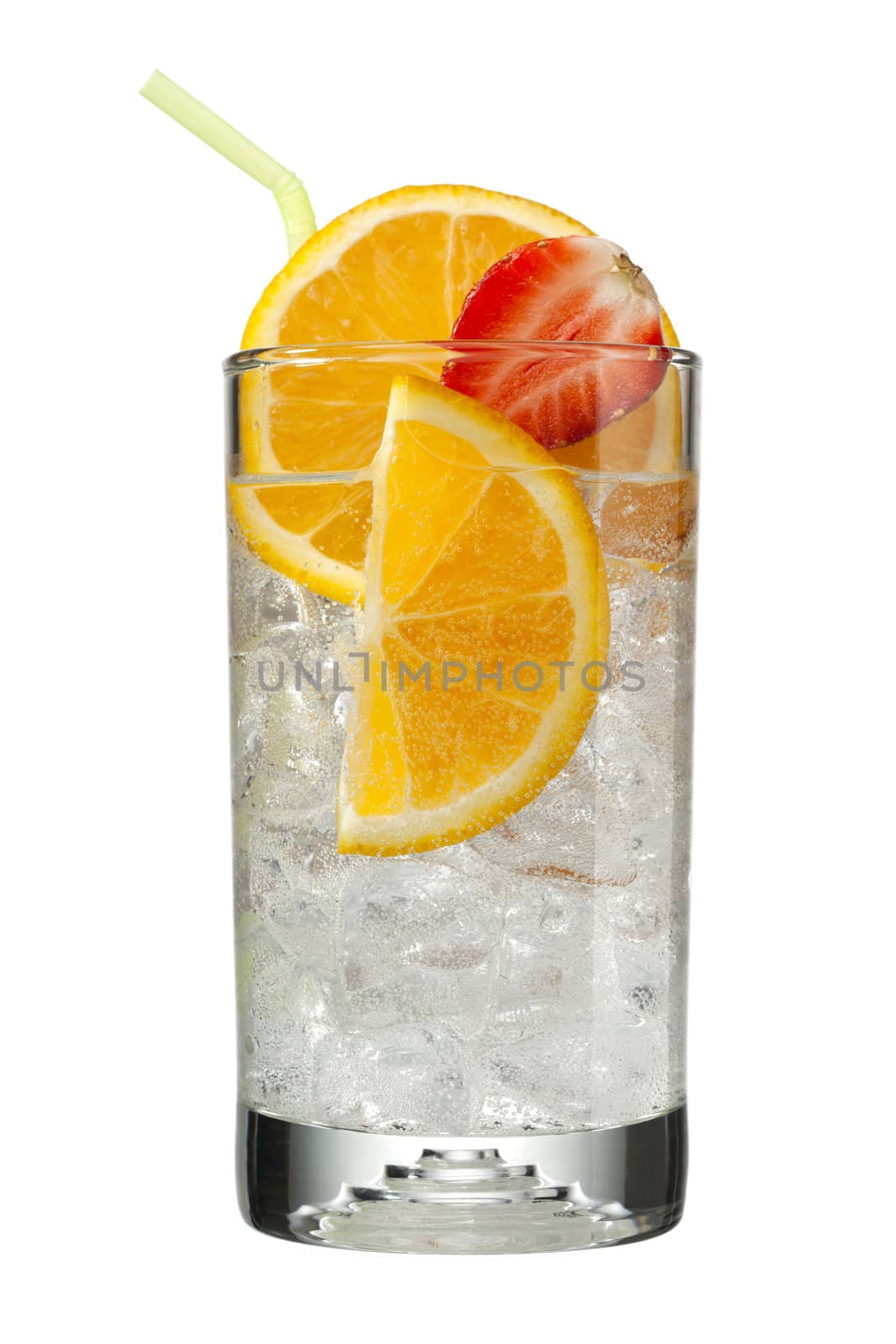 image of slices of orange and strawberry in glass full of ice cub by kozzi