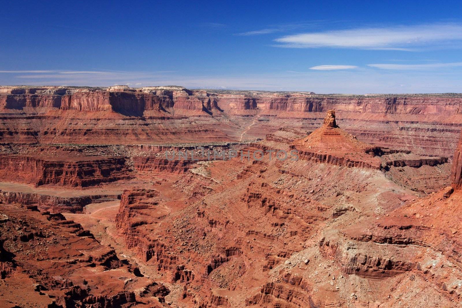 View looking into Dead Horse Canyon with blue sky