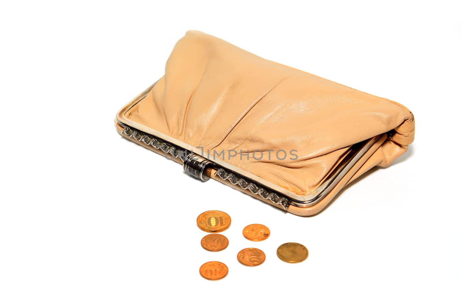 purse with coin on white background