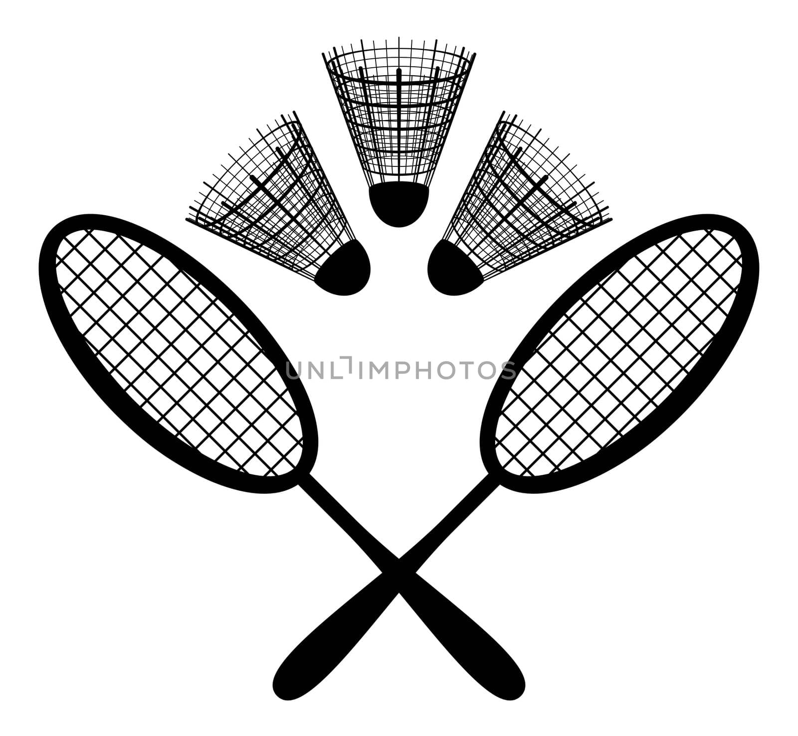 Set objects of sporting equipment for badminton game: rackets and shuttlecocks, black silhouette on white background. Vector