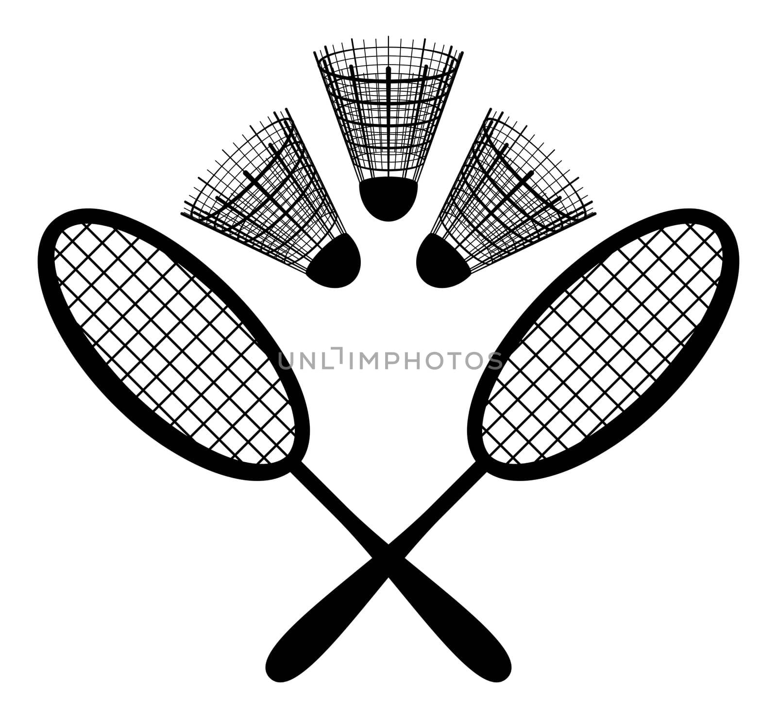 Set objects of sporting equipment for badminton game: rackets and shuttlecocks, black silhouette on white background. Vector