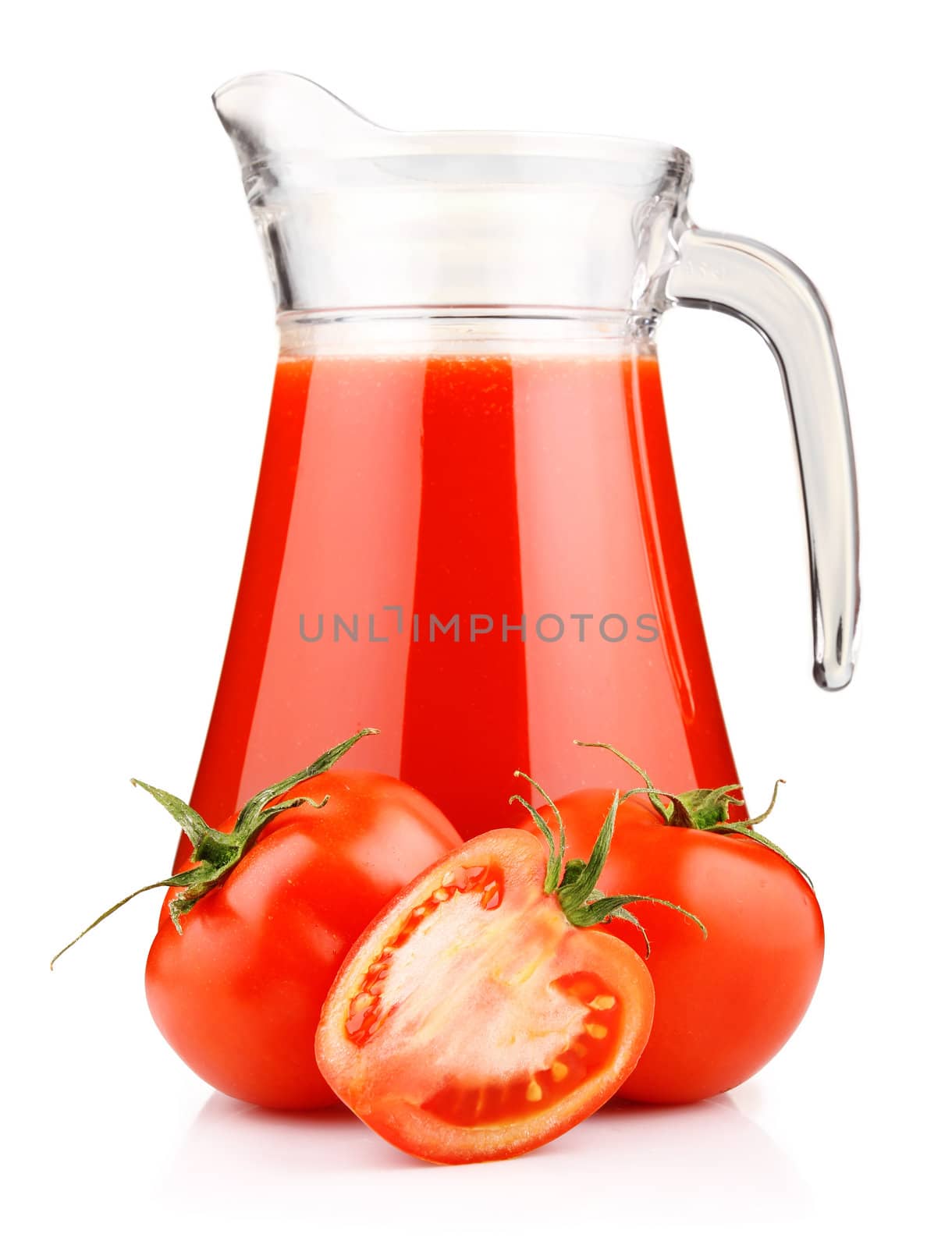 Jug of tomato juice and fruits with green leaves isolated by alphacell