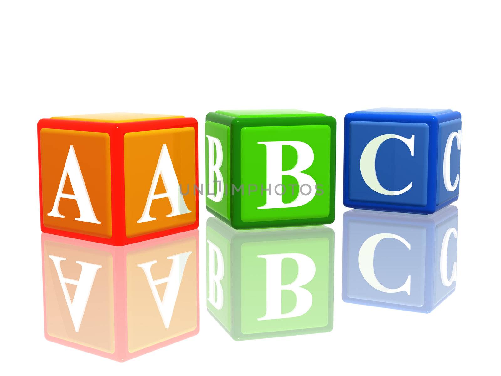 3d colorful cubes with letters abc with reflection