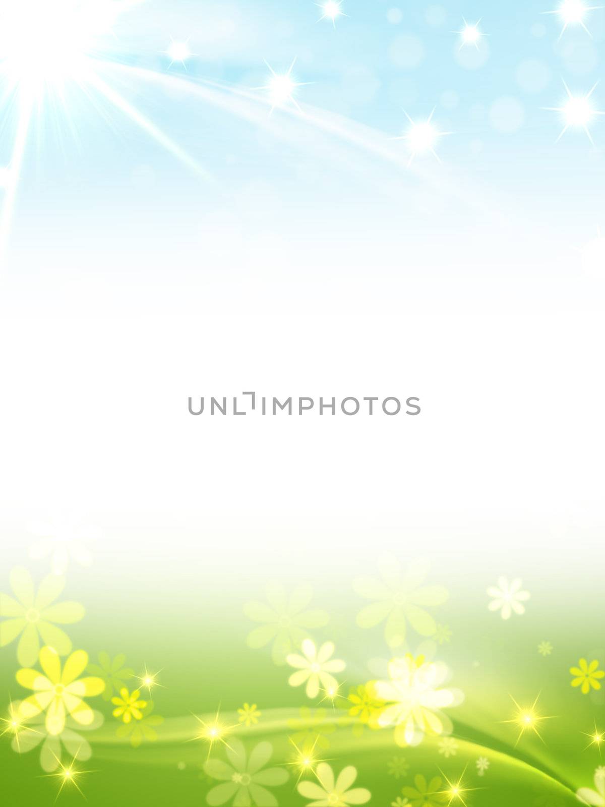 blue green frame with flowers, stars and sun, spring motif