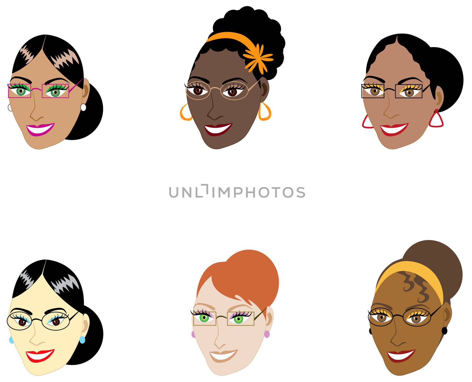 Vector Illustration of six different smart women with glasses and hair up in a bun.
