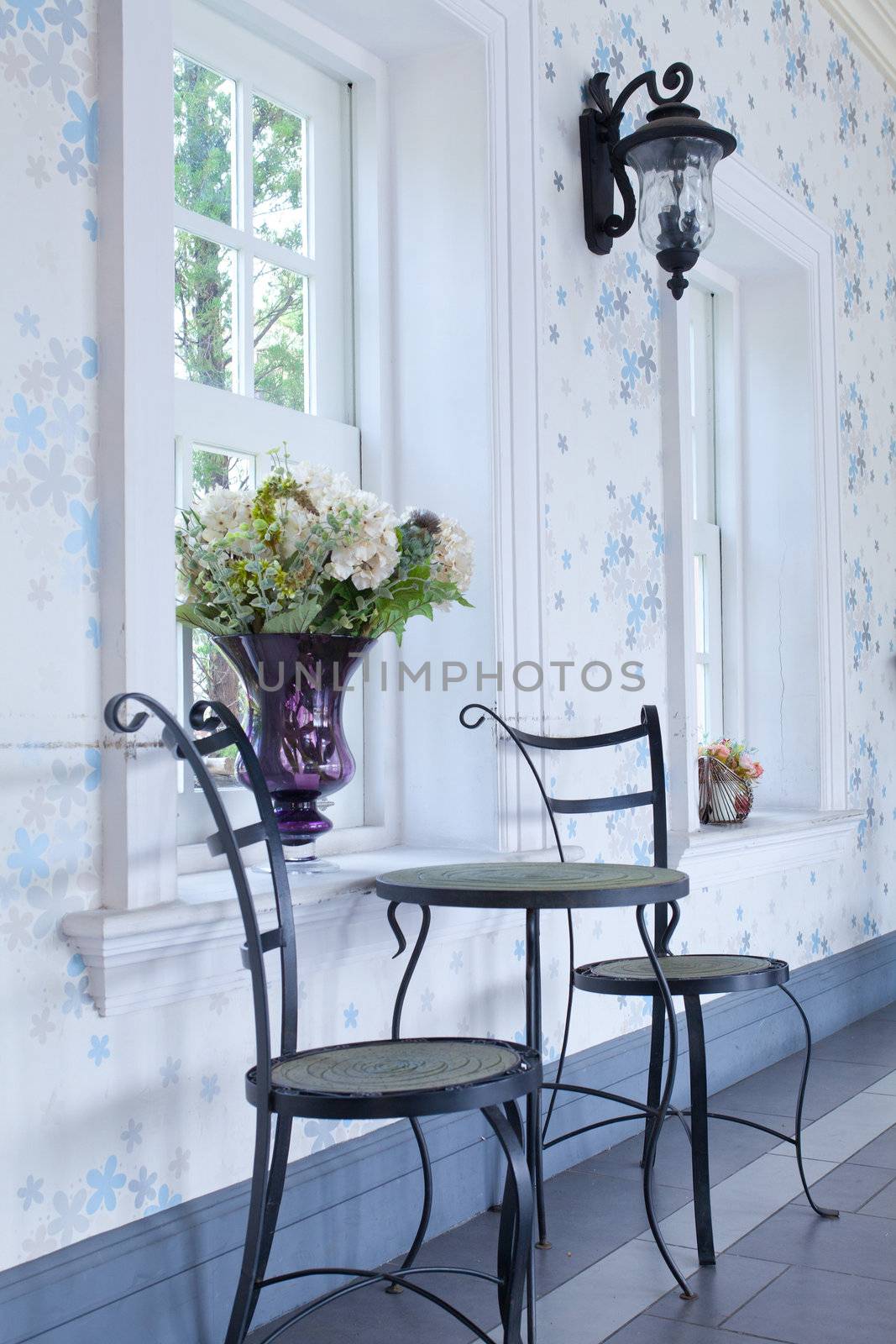 Classic interior with two chair and white window