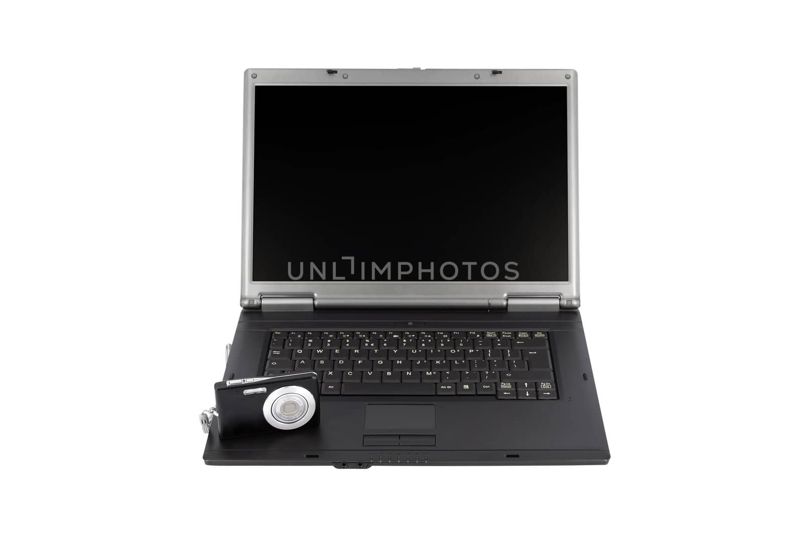 Laptop with photo camera isolated on white