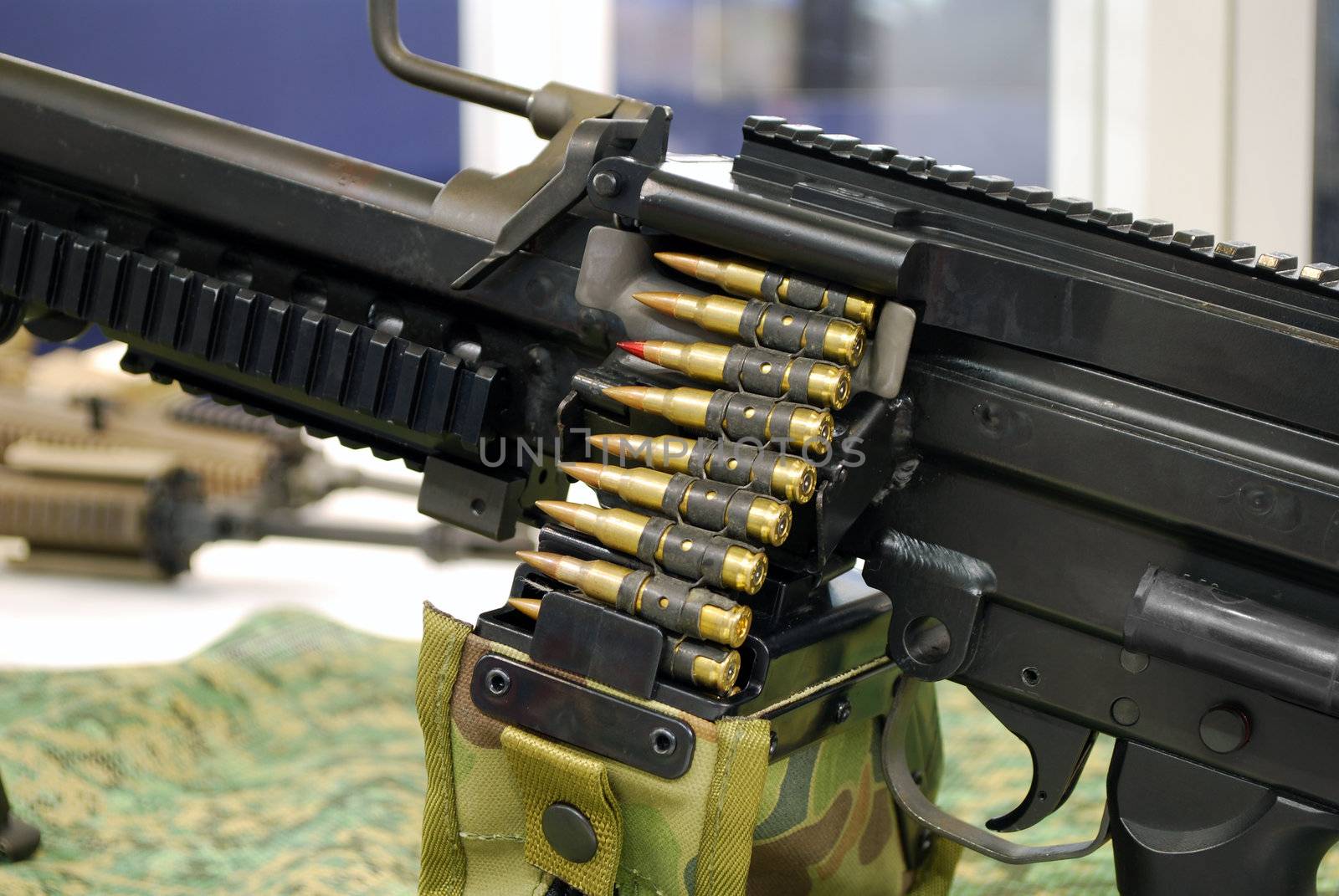 Machine-gun with bullets close detail