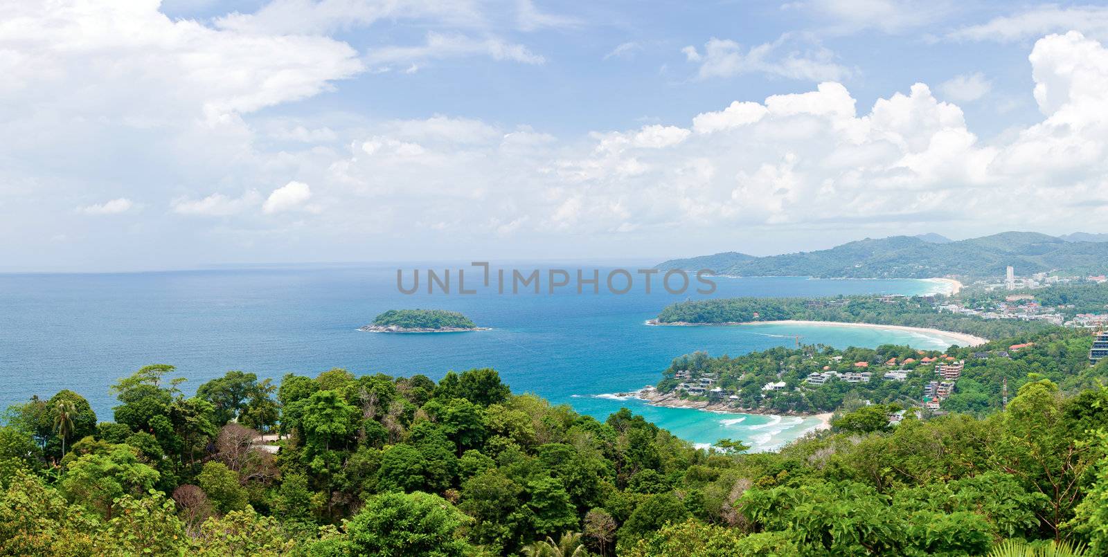 Panorama Aerial view landscape of Bay and tropical beach,kata karon and  katanoi, in Phuket Thailand 