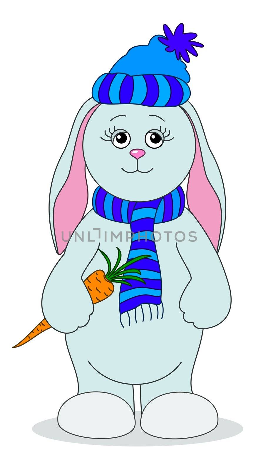 Cartoon, toy girl rabbit in a winter cap with a carrot in his paw