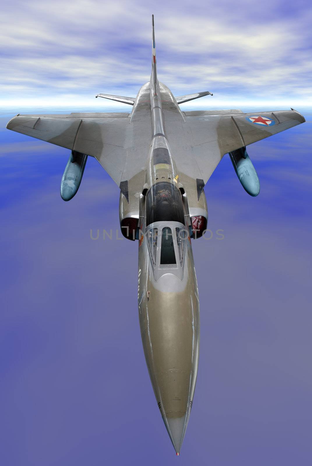 Front view of military jet fighter