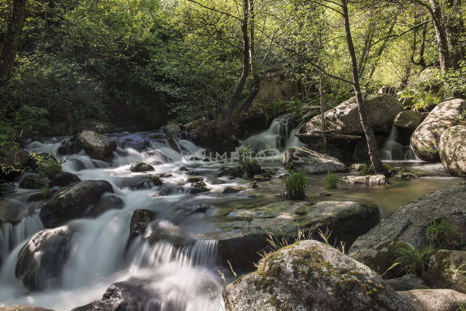 Cascades on a mountain river with a silky effect on the water that conveys a sense of relaxation.