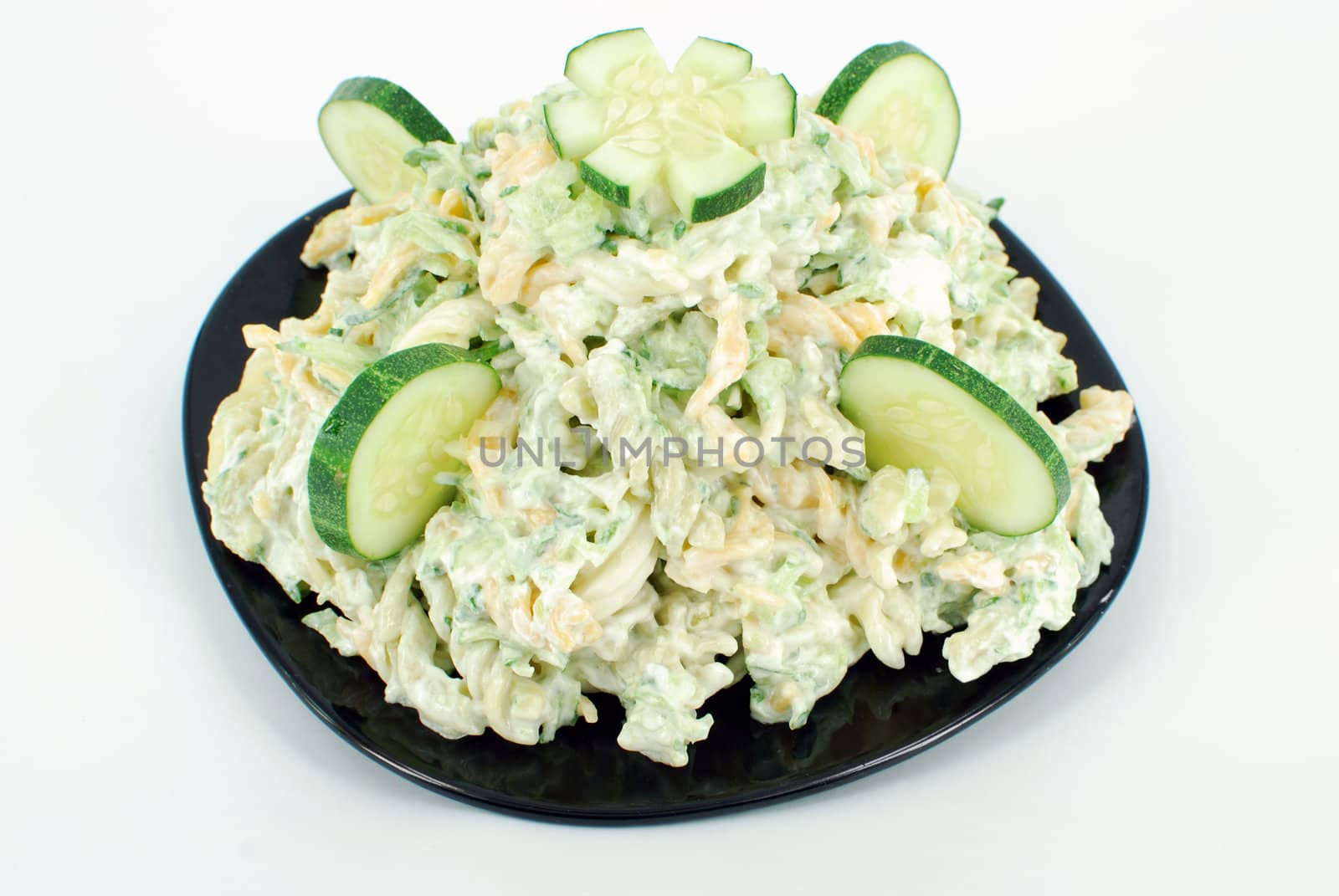 Decorative macaroni salad with cucumber