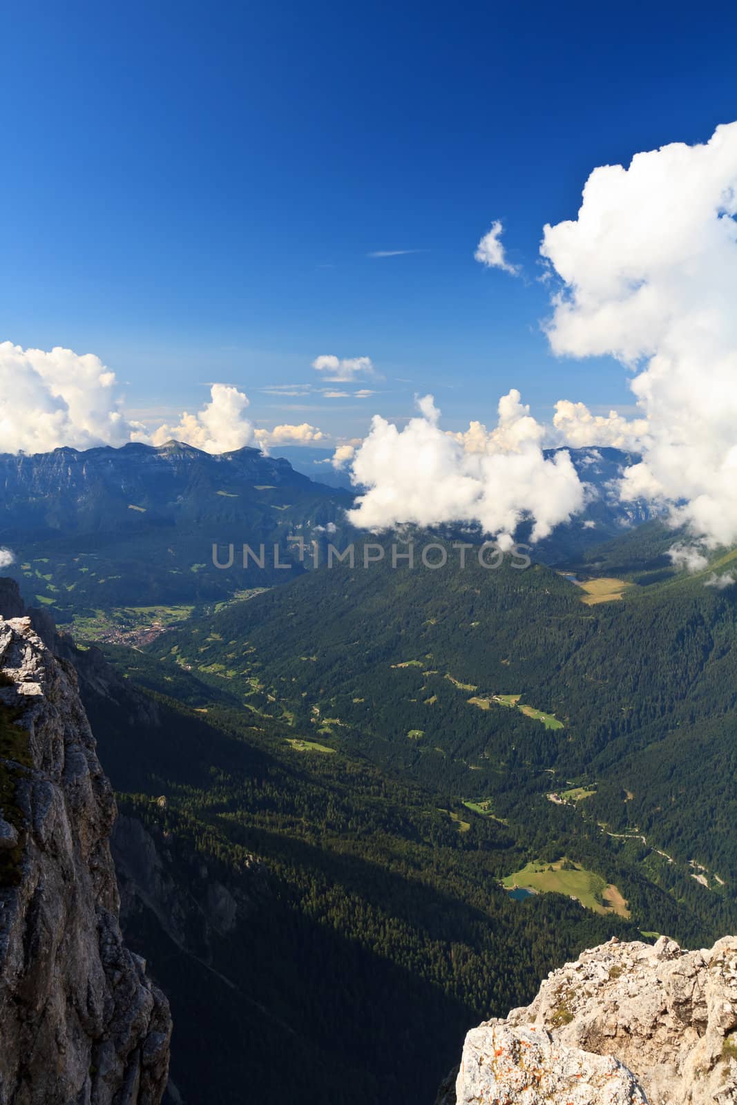 aerial view of Primiero valley from Fiera di Primiero to San Martino di Castrozza, Italian Dolomites