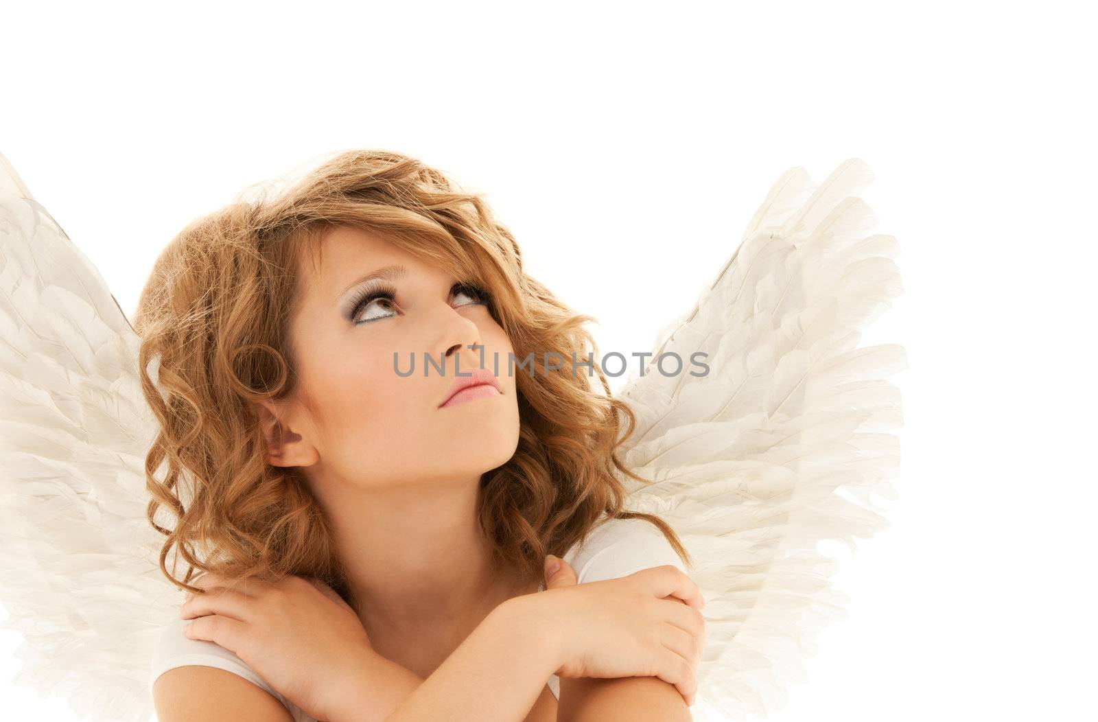 picture of unhappy teenage angel girl over white