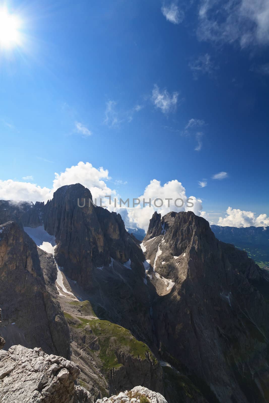 Pale di San Martino Dolomites against the sun, Trentino Italy