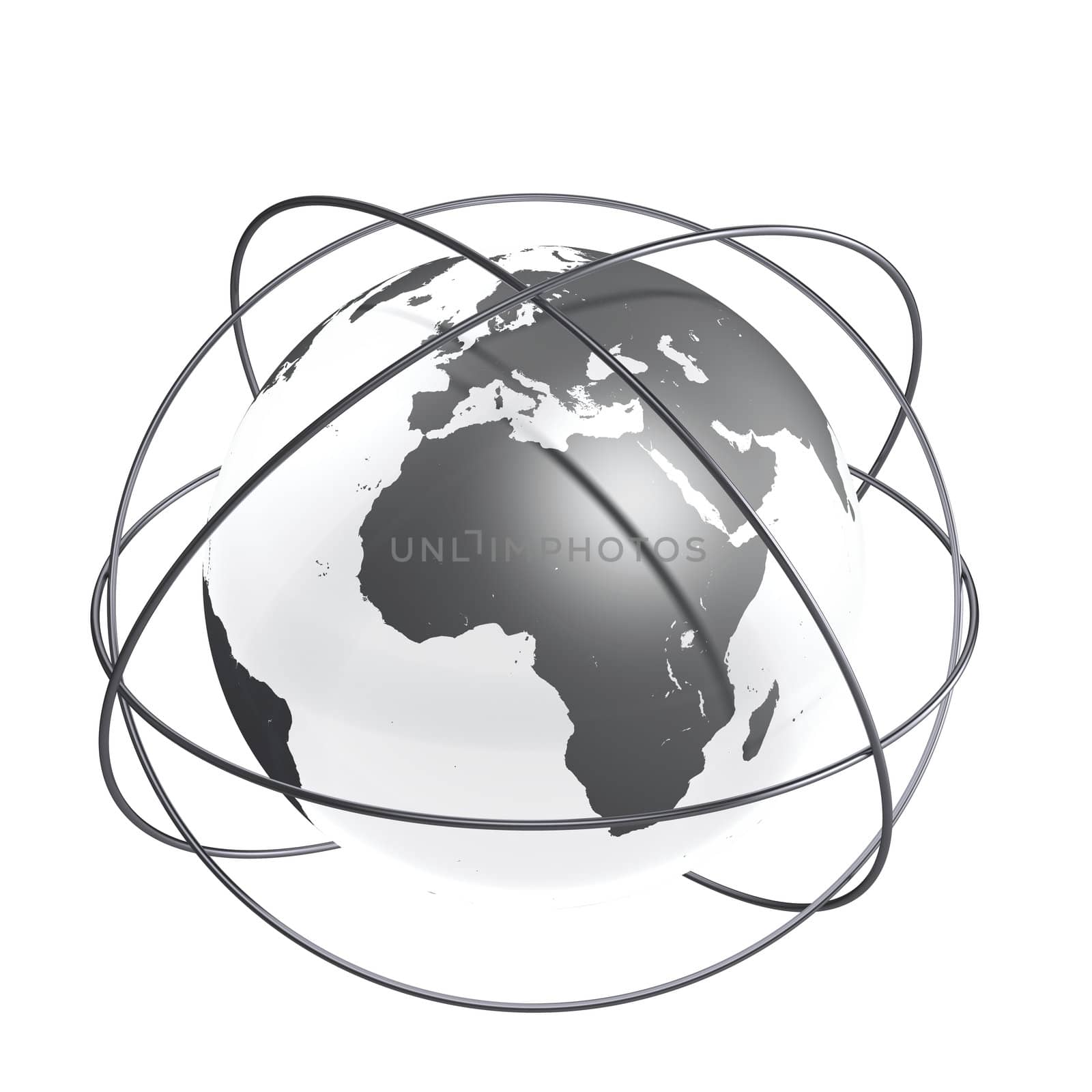 Grey model of Earth circled around with steel bars, concept of strong global connectivity, isolated on white background. Elements of this image furnished by NASA