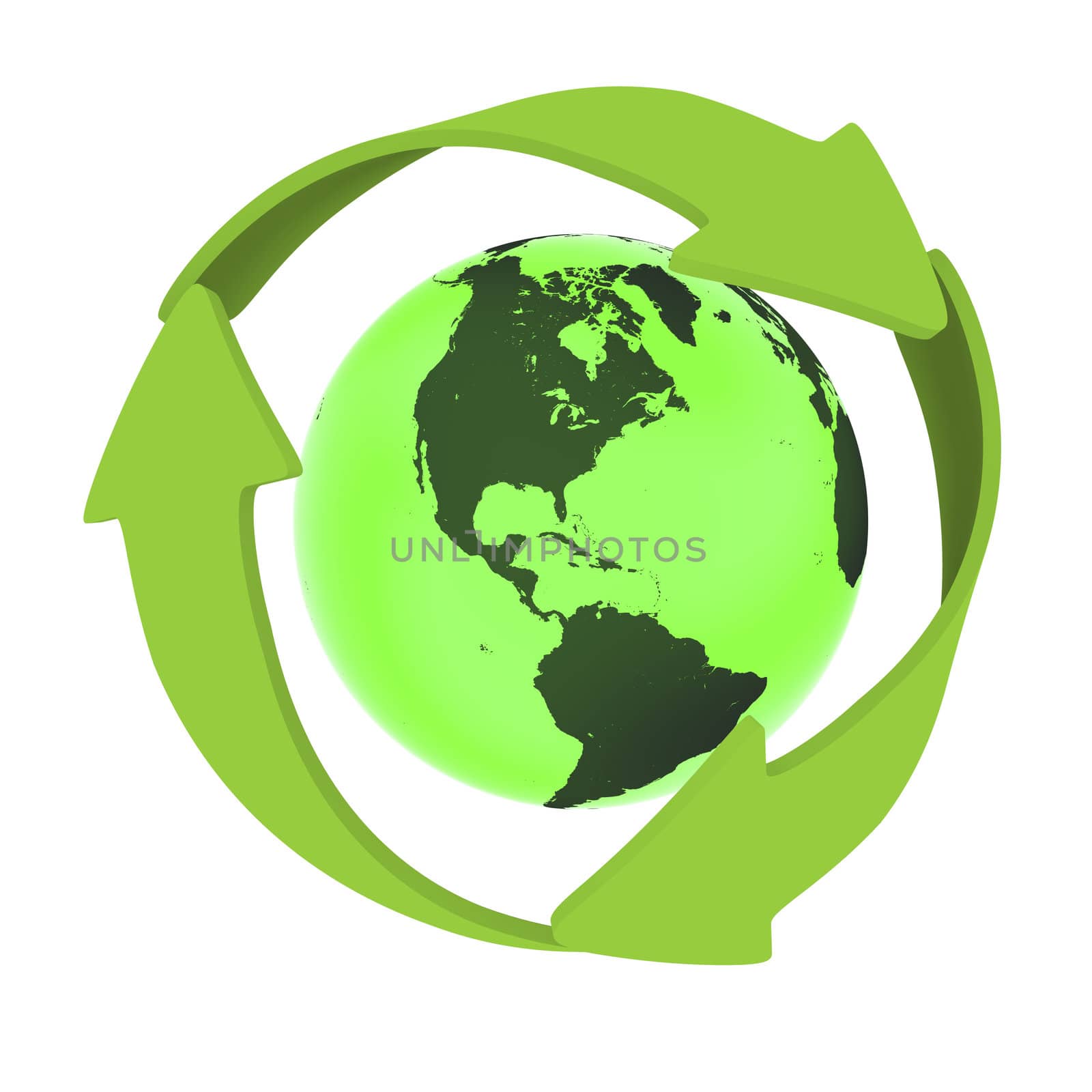 Green planet Earth with green arrows circled aorund it, concept of conservation and recycling, isolated on white background. Elements of this image furnished by NASA