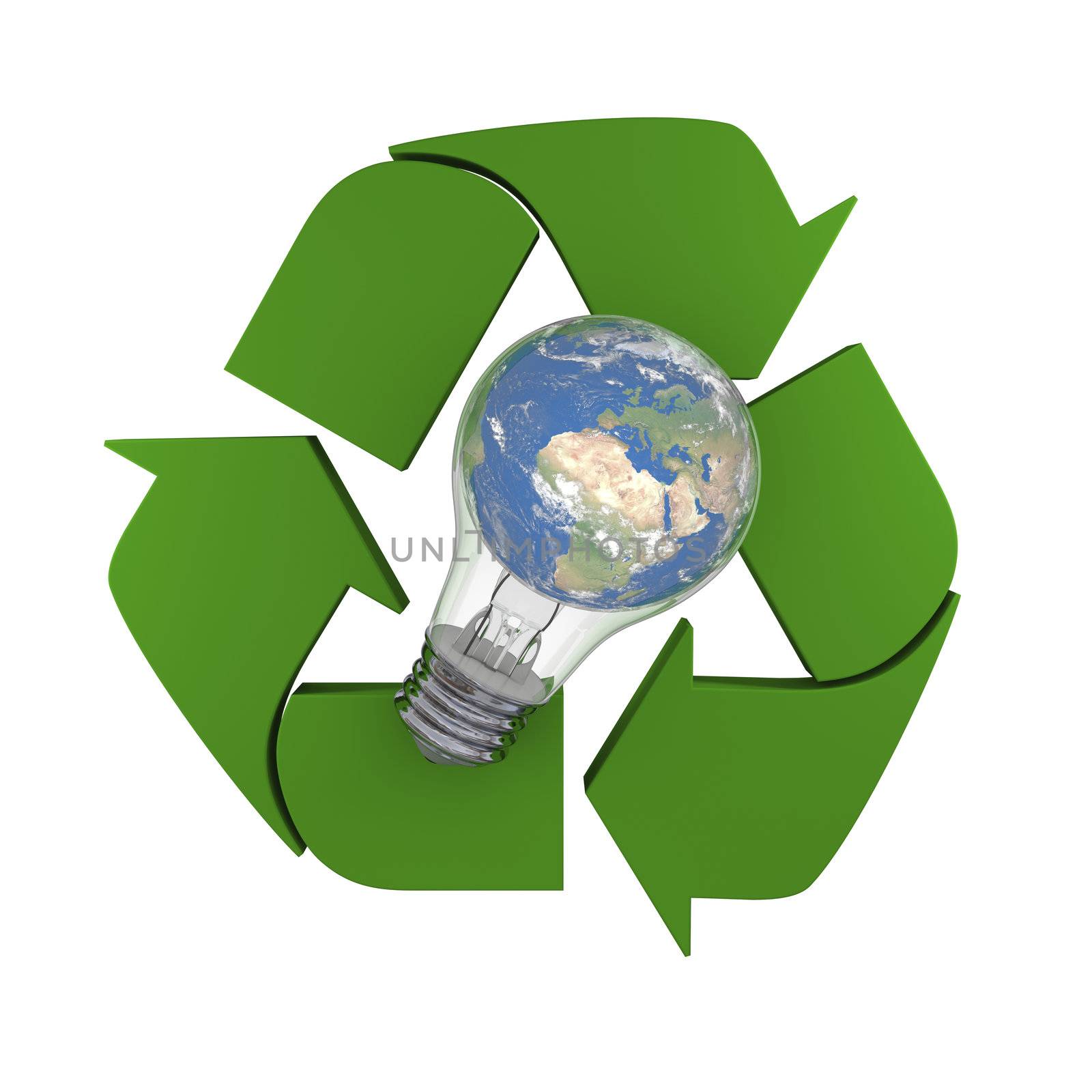 Lightbulb with planet Earth inside laying on recycling symbol, concept of new ideas in environmental protection and conservation. Elements of this image furnished by NASA