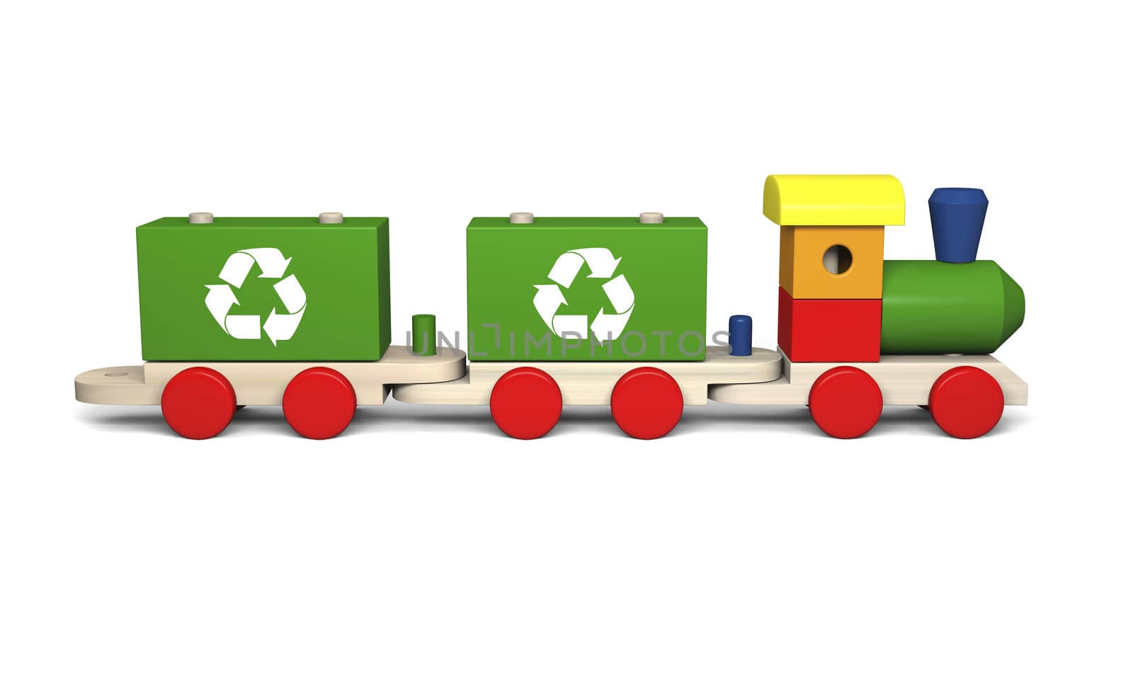 3D illustration of colorful wooden toy train with recycling symbols, concept of environmental protection as part of early children education, isolated on white background