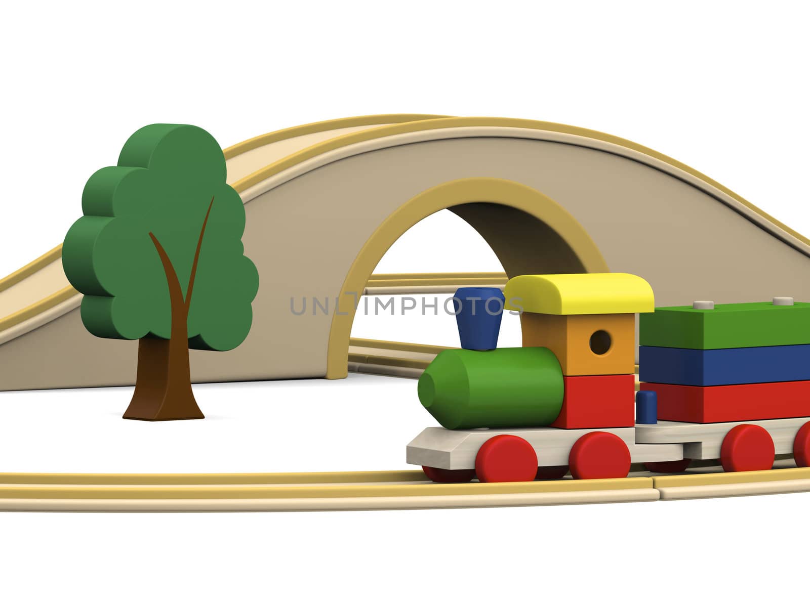 3D illustration of colorful wooden toy train with track, tunnel and bridge
