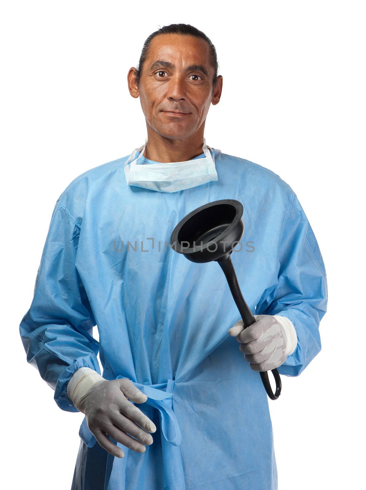 A medical professional is seen with a plumbing tool in his hand.