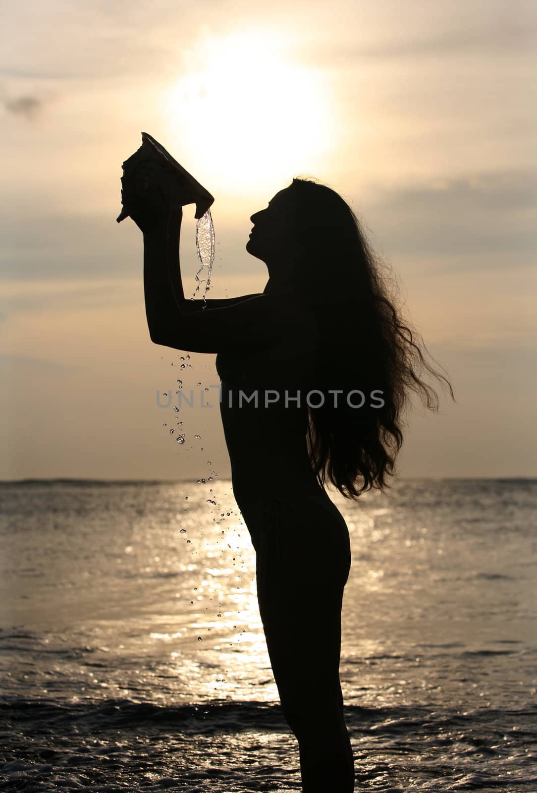 Silhouette of the beautiful girl with a cockleshell