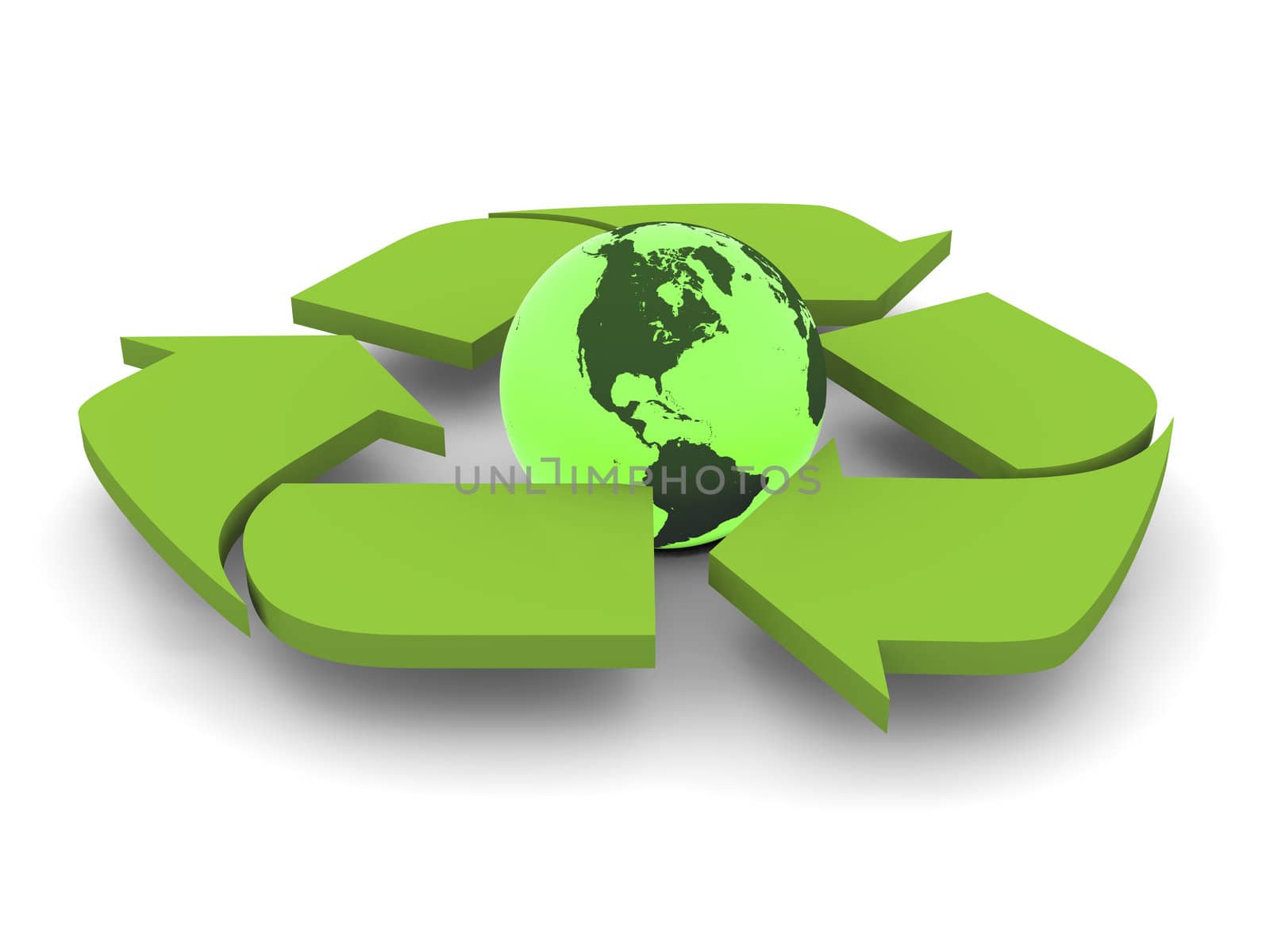 Glowing green planet Earth inside recycling symbol, concept of conservation, isolated on white background. Elements of this image furnished by NASA