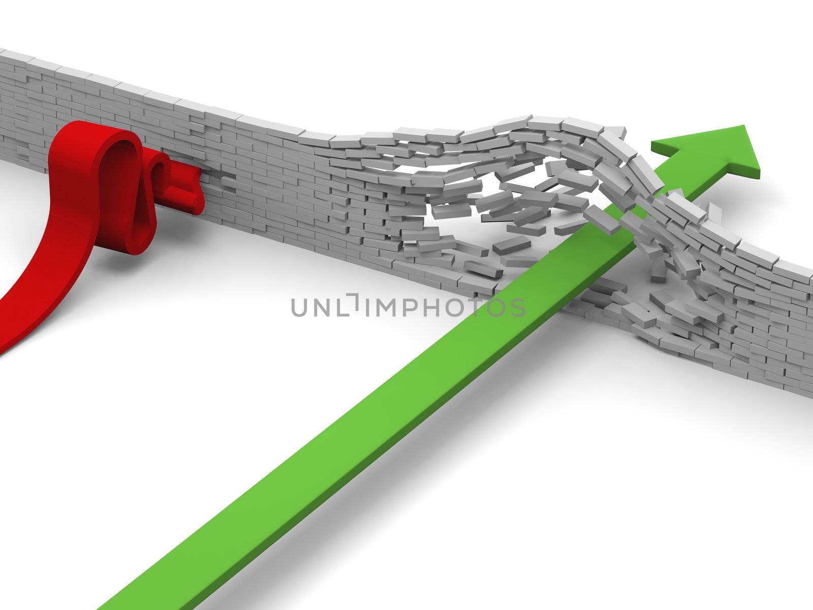 Concept of breakthrough versus failure illustrated by arrow breaking through brick wall versus arrow crashing into it.