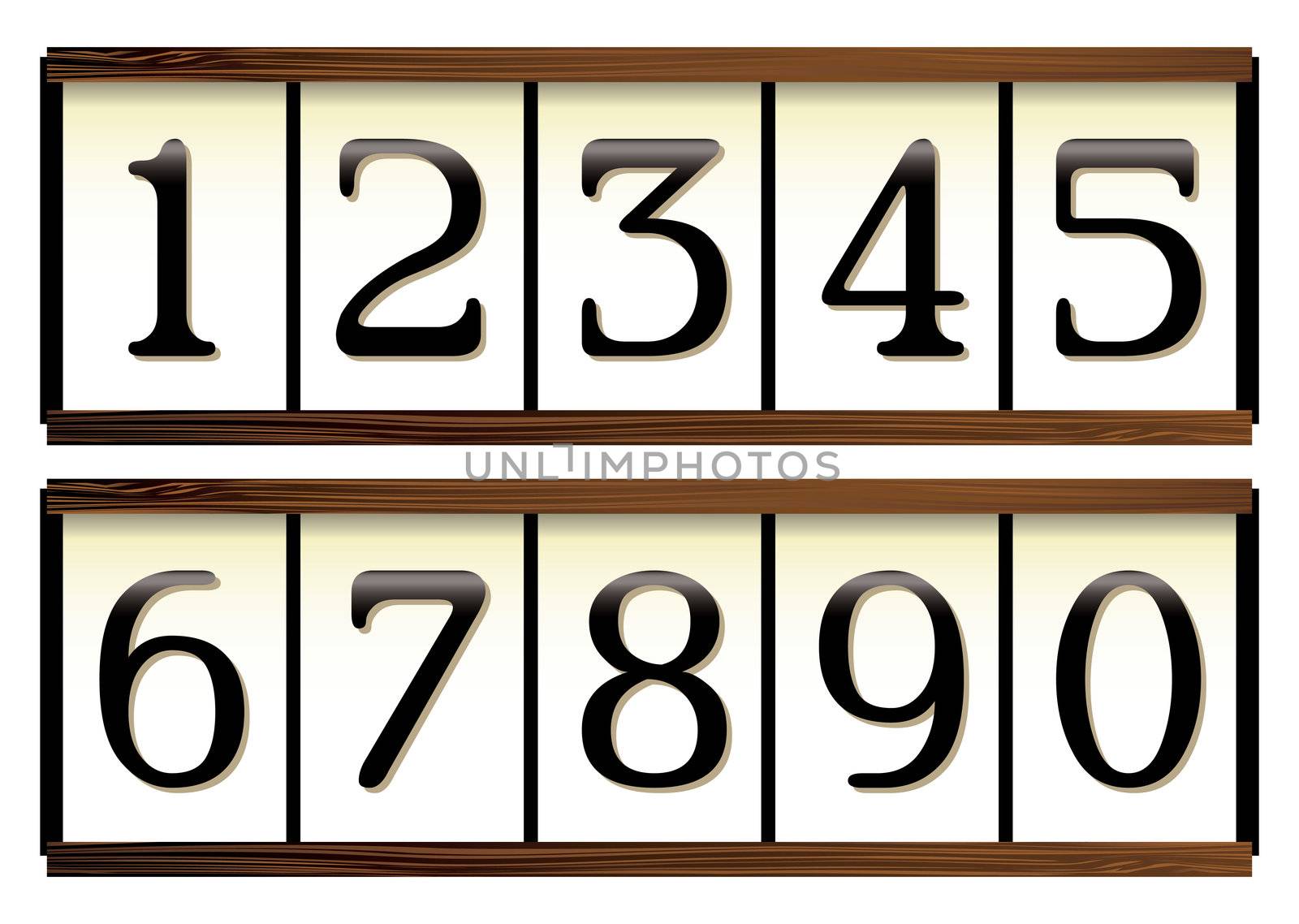 Door or house numbers on a wooden board and a porcelain look