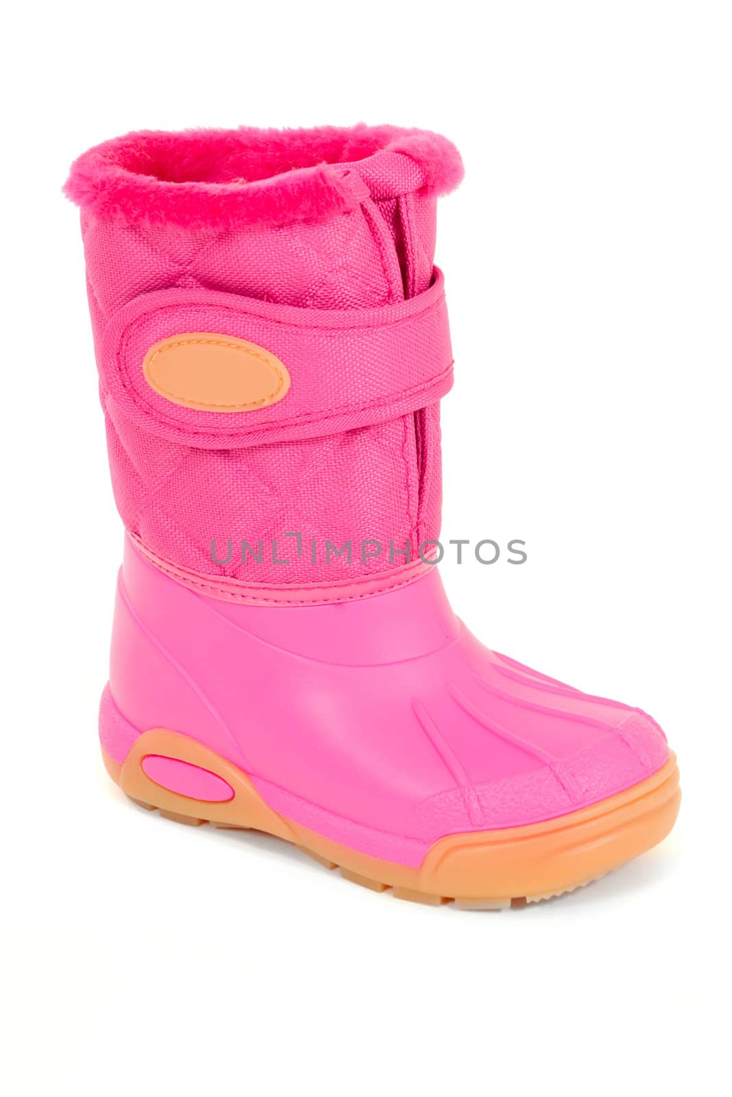 A pink winter boot taken on a white background.