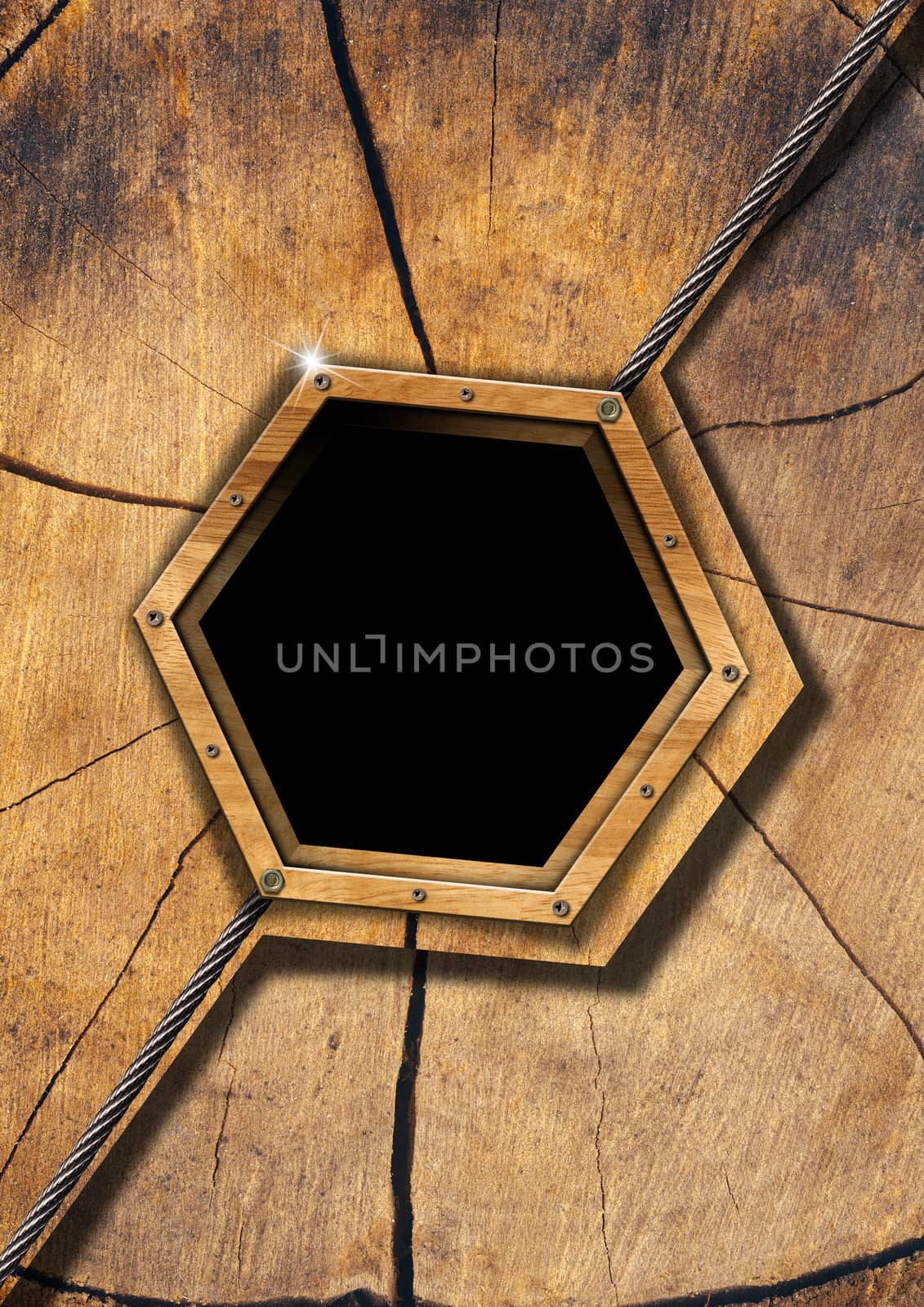 Wood ecology background with hexagonal wooden frame and metal cable
