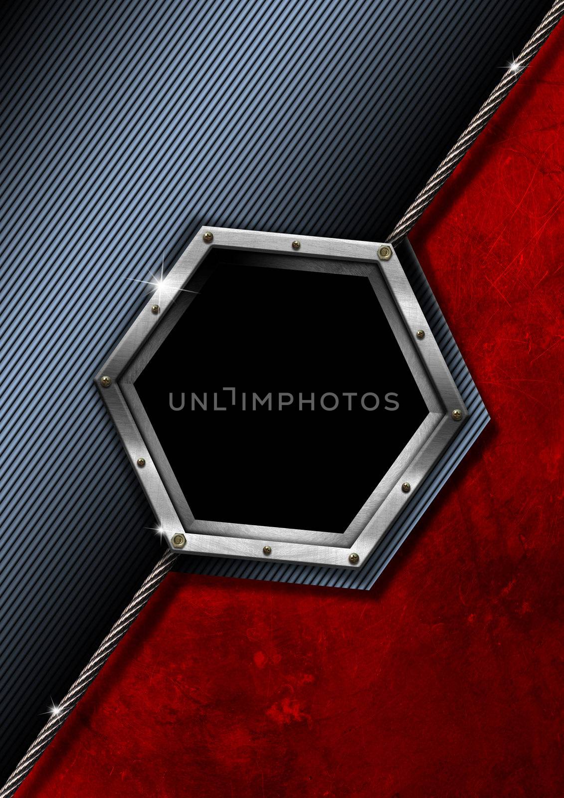 Blue black and red business background with hexagonal empty metal frame



