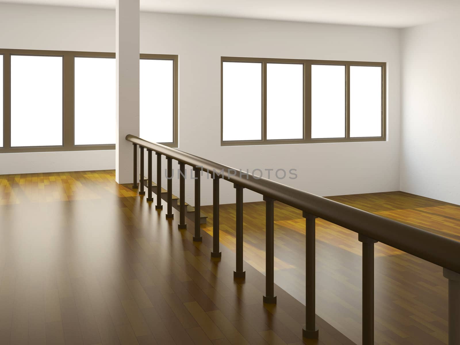 A large room with a ladder and the window