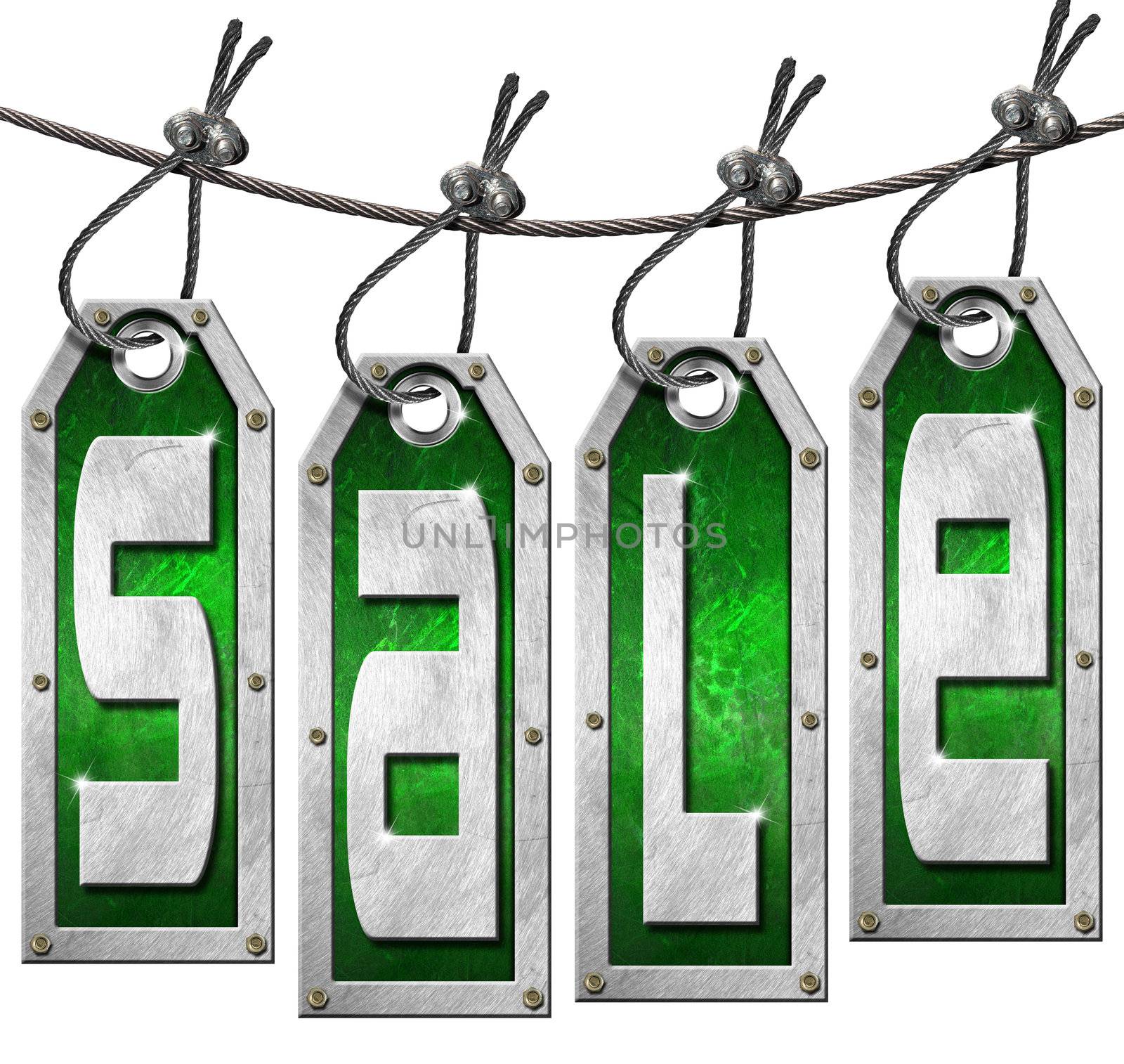 Grunge metallic and green tags hanging on a steel cable with written sale 
