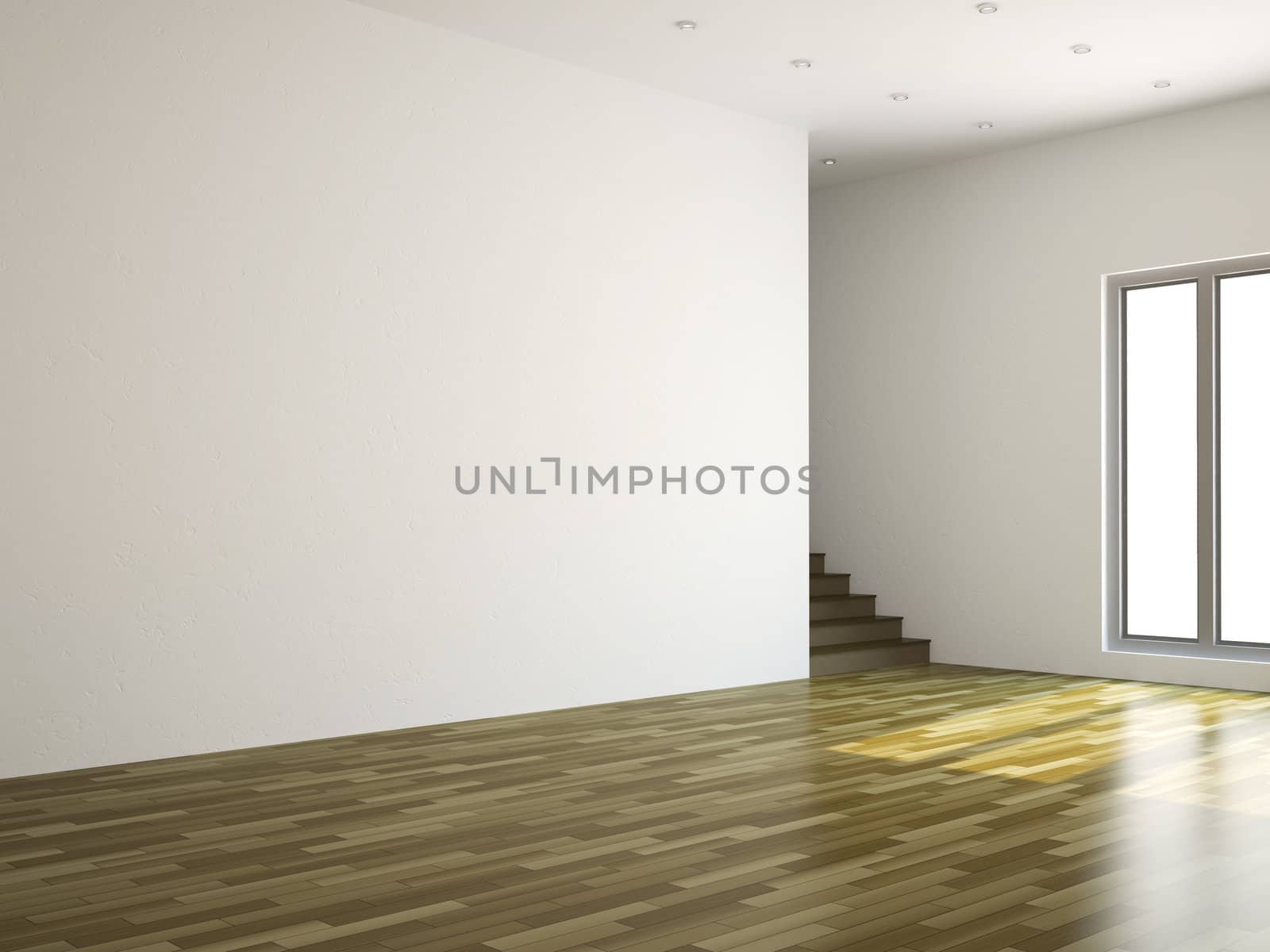 A large room with a ladder and the window