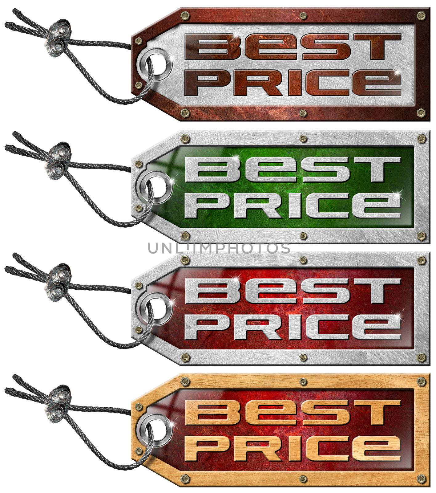 Wooden and metal grunge tags with steel cable and written best price 
