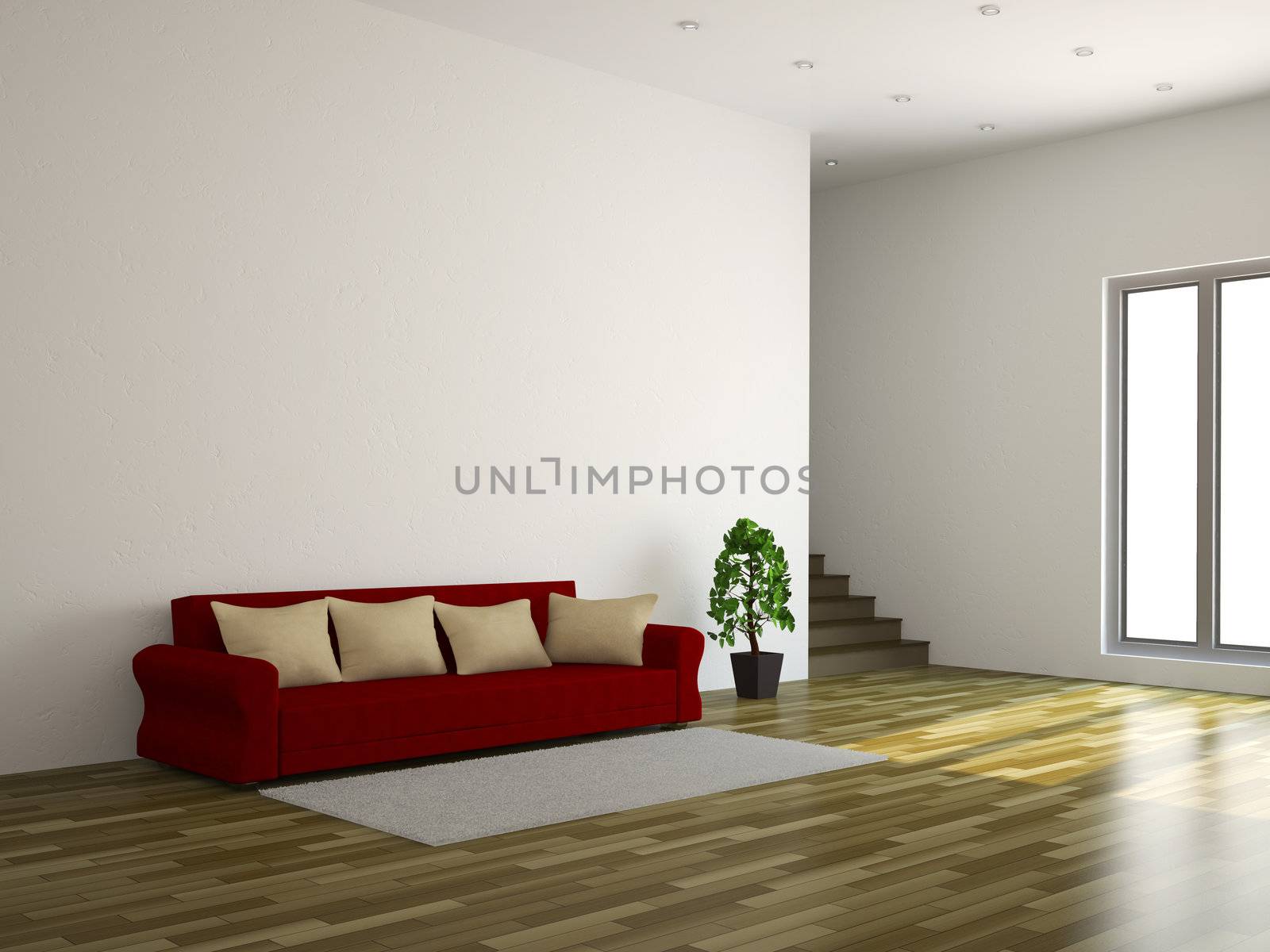 A large room with a sofa and the window