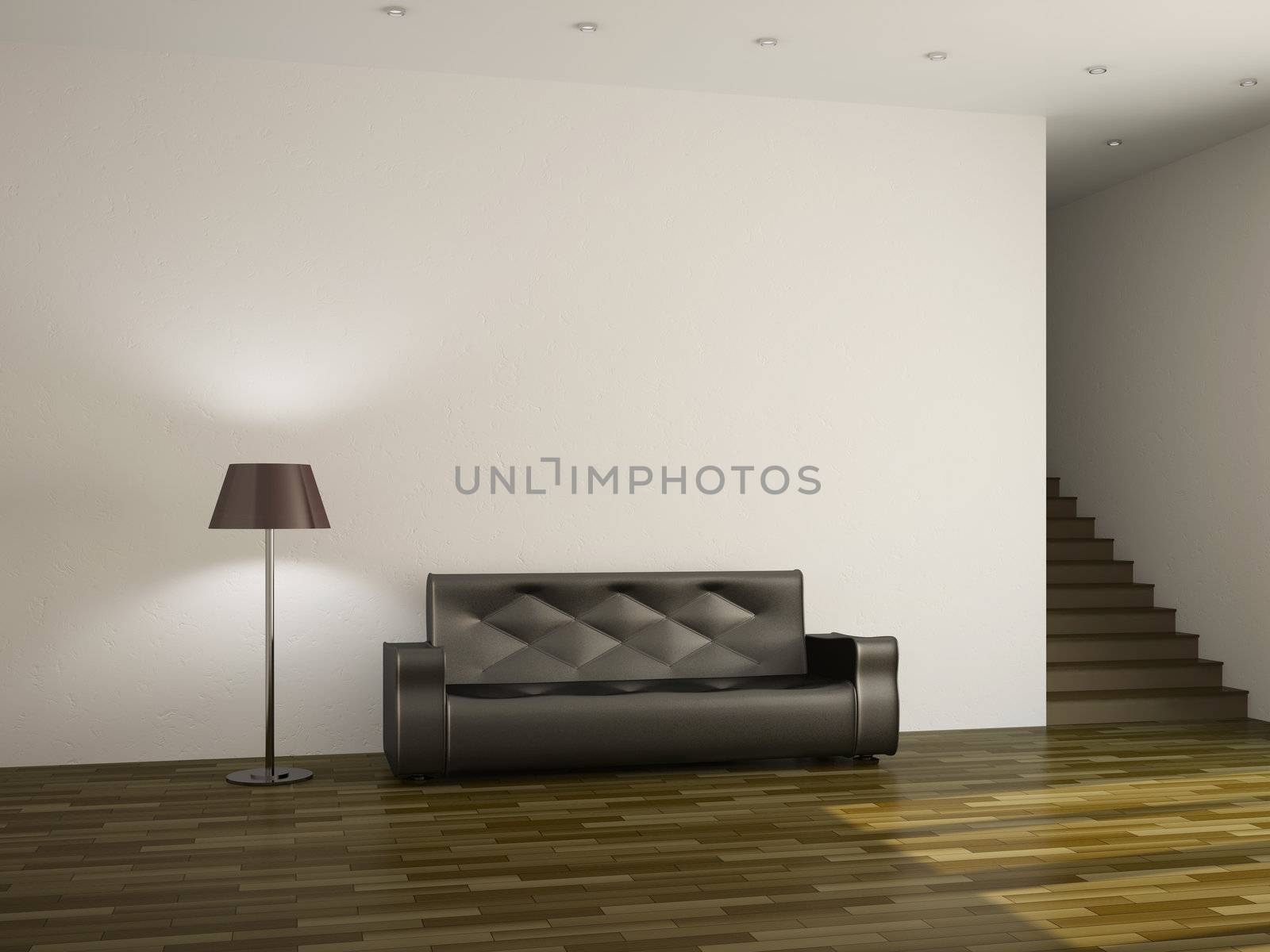 A large room with a sofa and the staircase