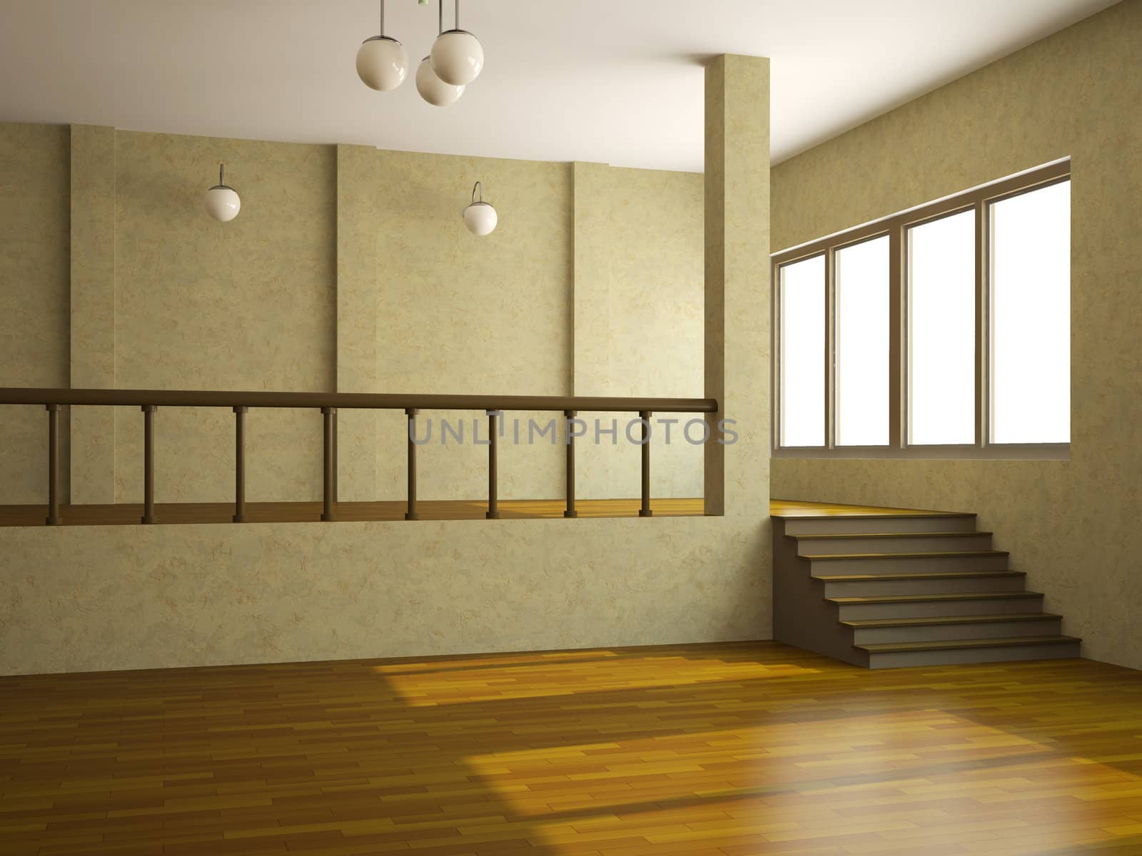 A large room with a ladder and the window