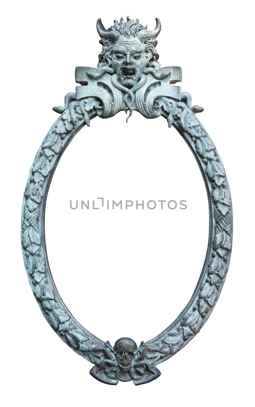 An oval, spooky, isolated metal frame with a horned devil, skull and crossbones, snakes and leaves. Great for Halloween.