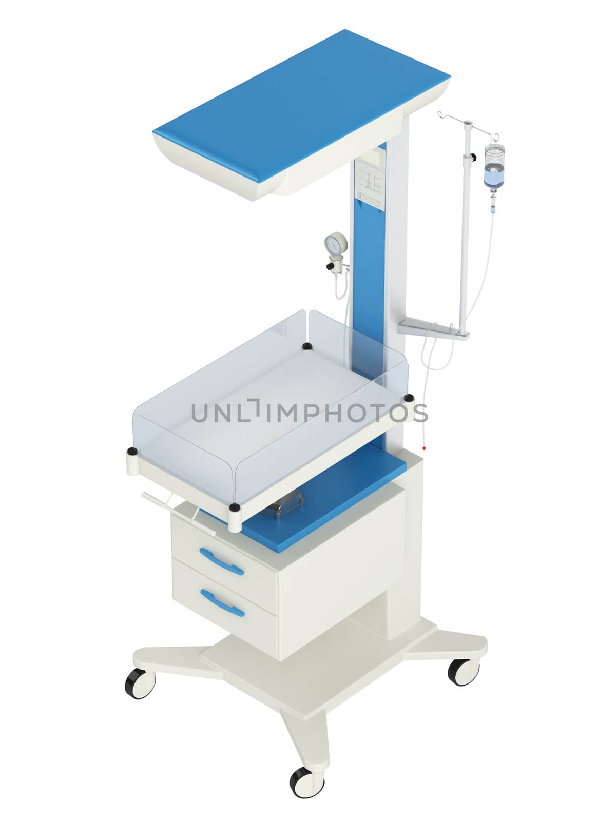 Neonatal reanimation and warming table used in obstetrics and gynaecology to revive a newborn baby at the time of birth isolated on white