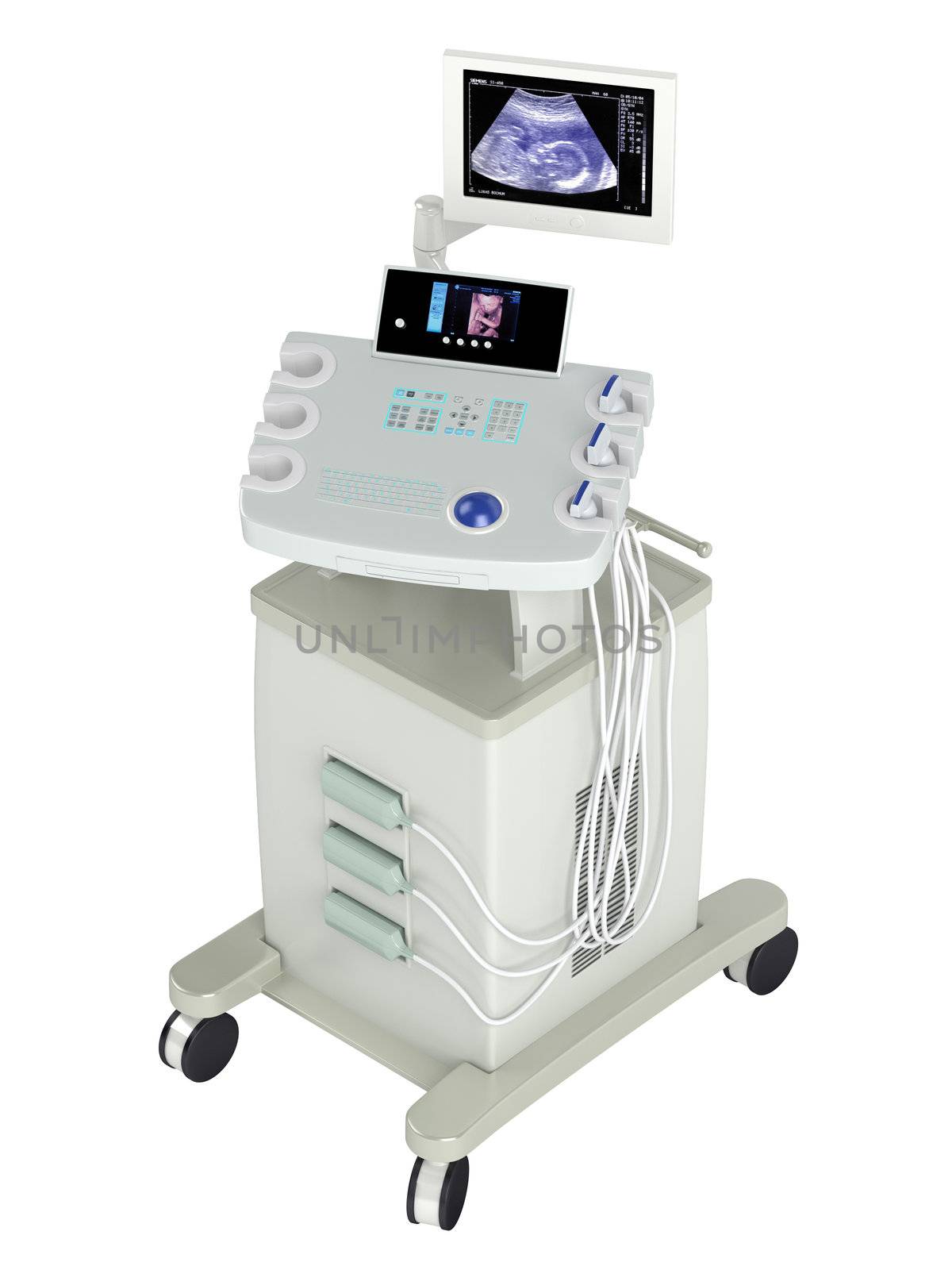 Ultrasound scanner for ultrasonography or sonic imaging based on tissue density as used in prenatal scanning of a foetus, isolated on a white background