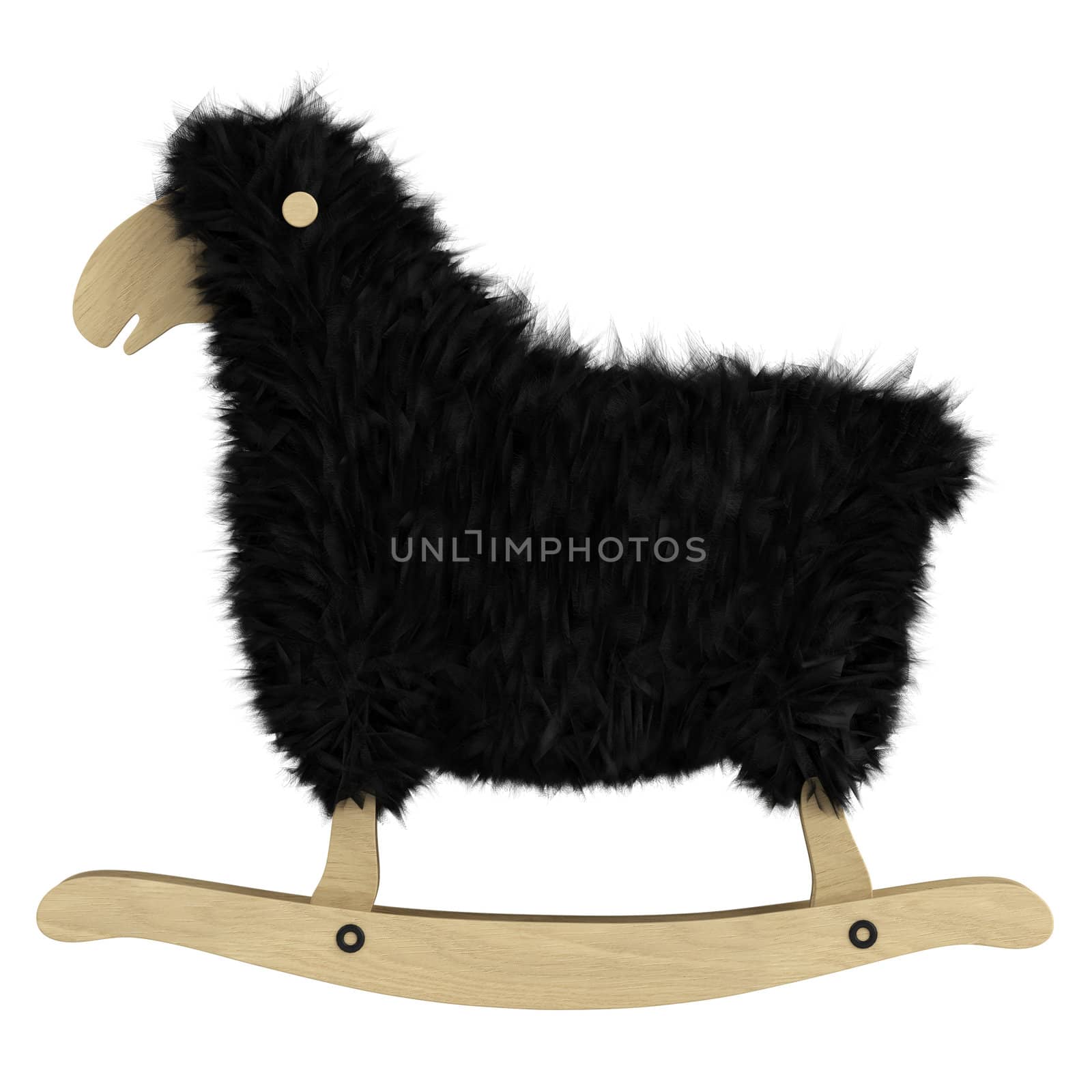 Cute wooden toy on rockers in the shape of a woolly sheep with black fleece isolated on a white background