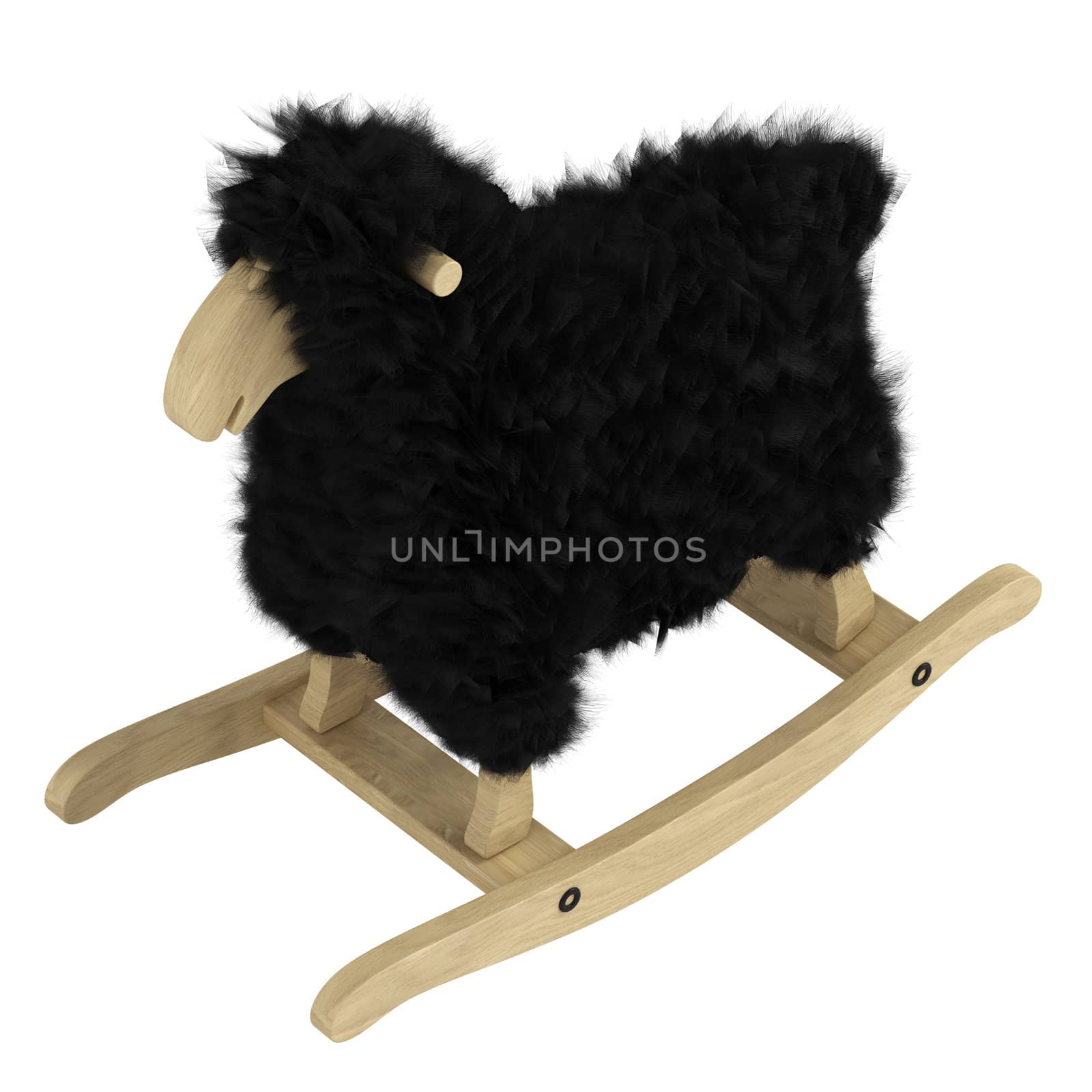 Cute wooden toy on rockers in the shape of a woolly sheep with black fleece isolated on a white background