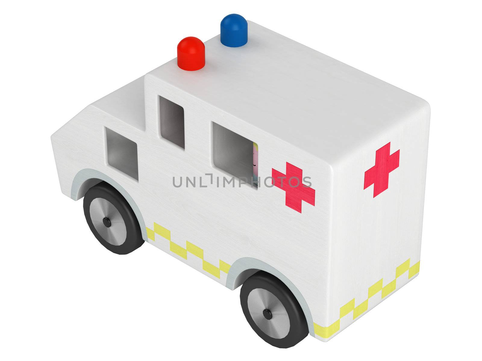 Simple stylised wooden toy ambulance with a red cross, emergency lights and paramedics or patients in the rear isolated on a white background