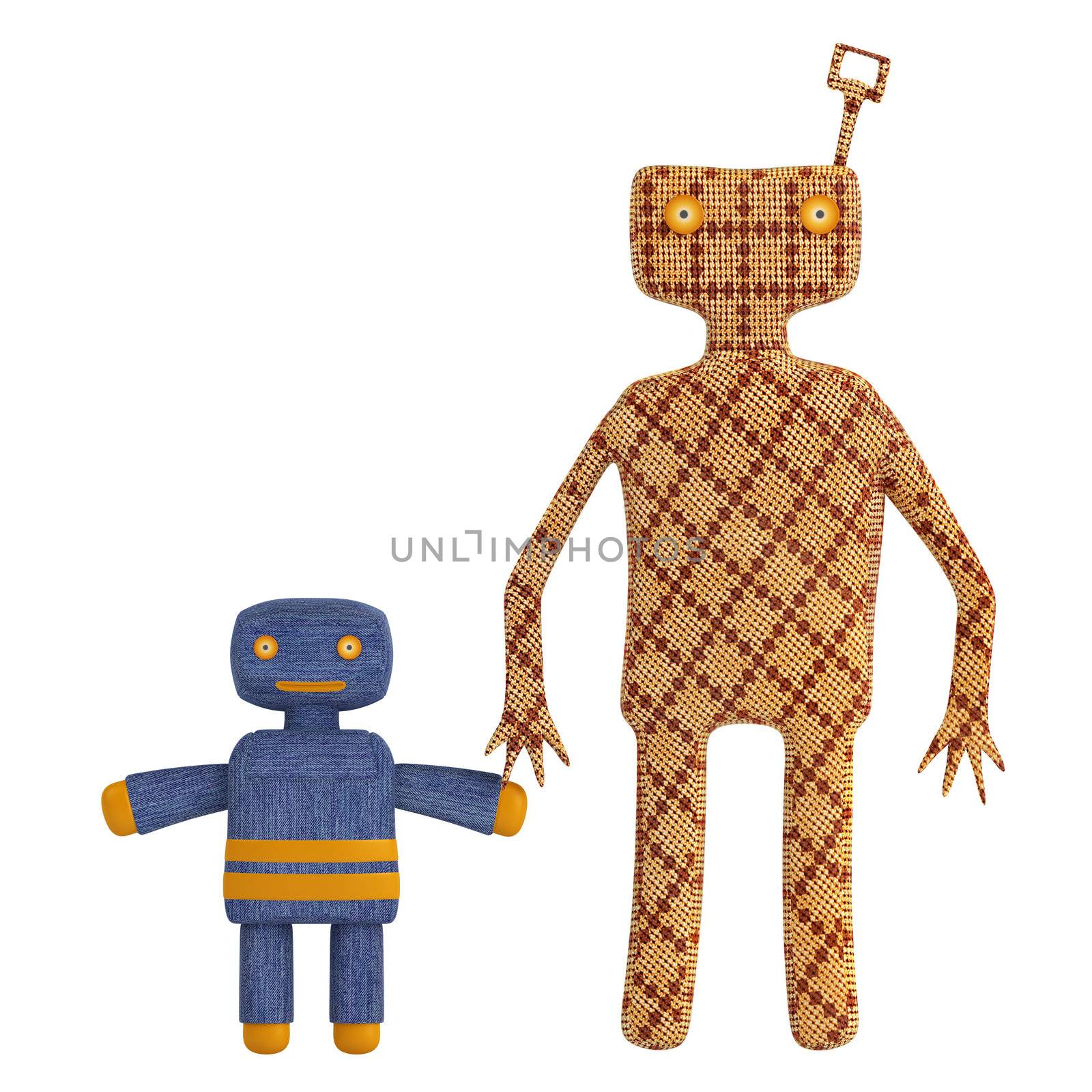 Copies of old mechanical tin toys with a wind up key in the form of stylised figures of an adult and child holding hands isolated on a white background