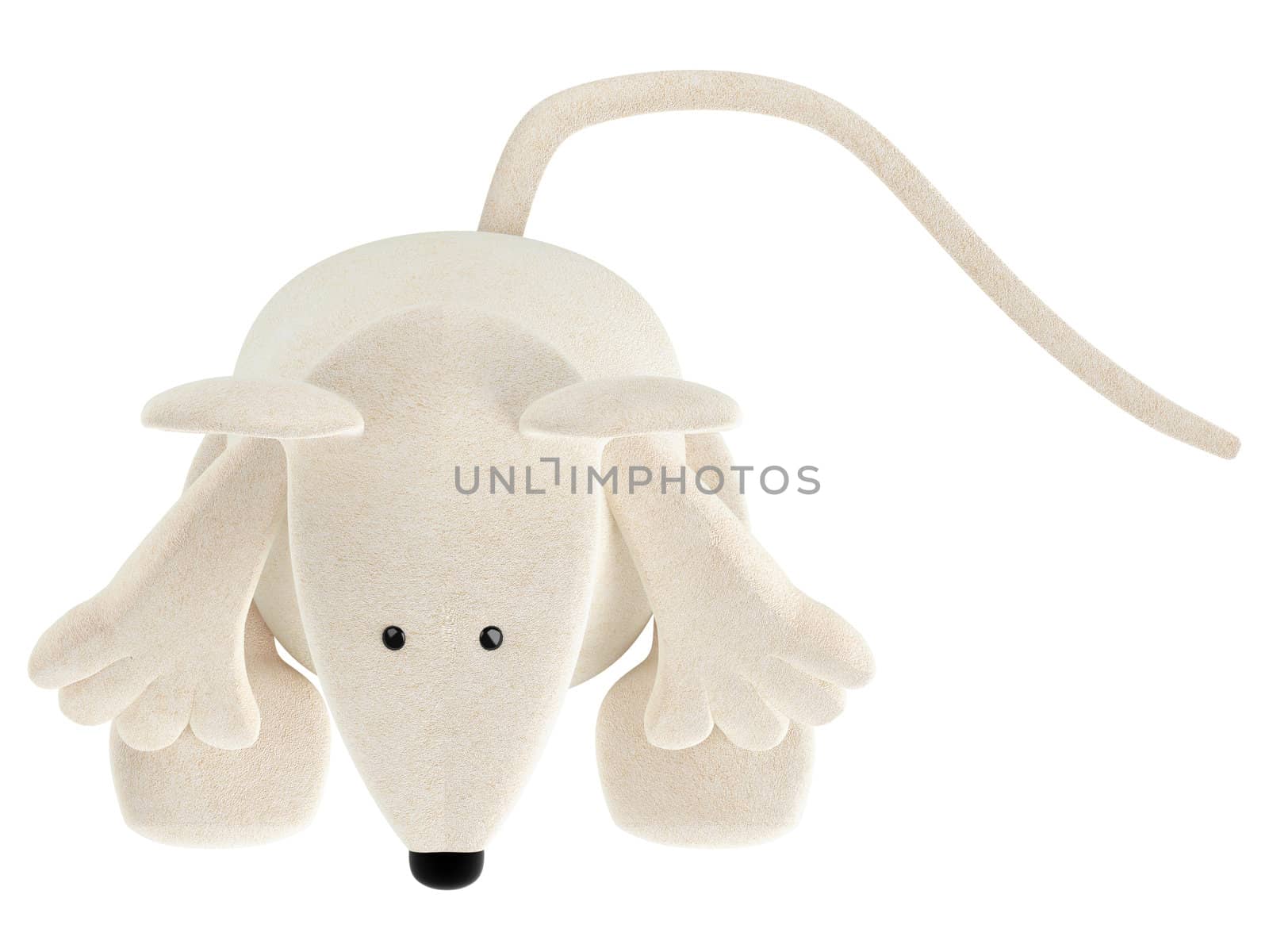 Cute white toy mouse or rat with a rather long nose sitting isolated on a white studio background