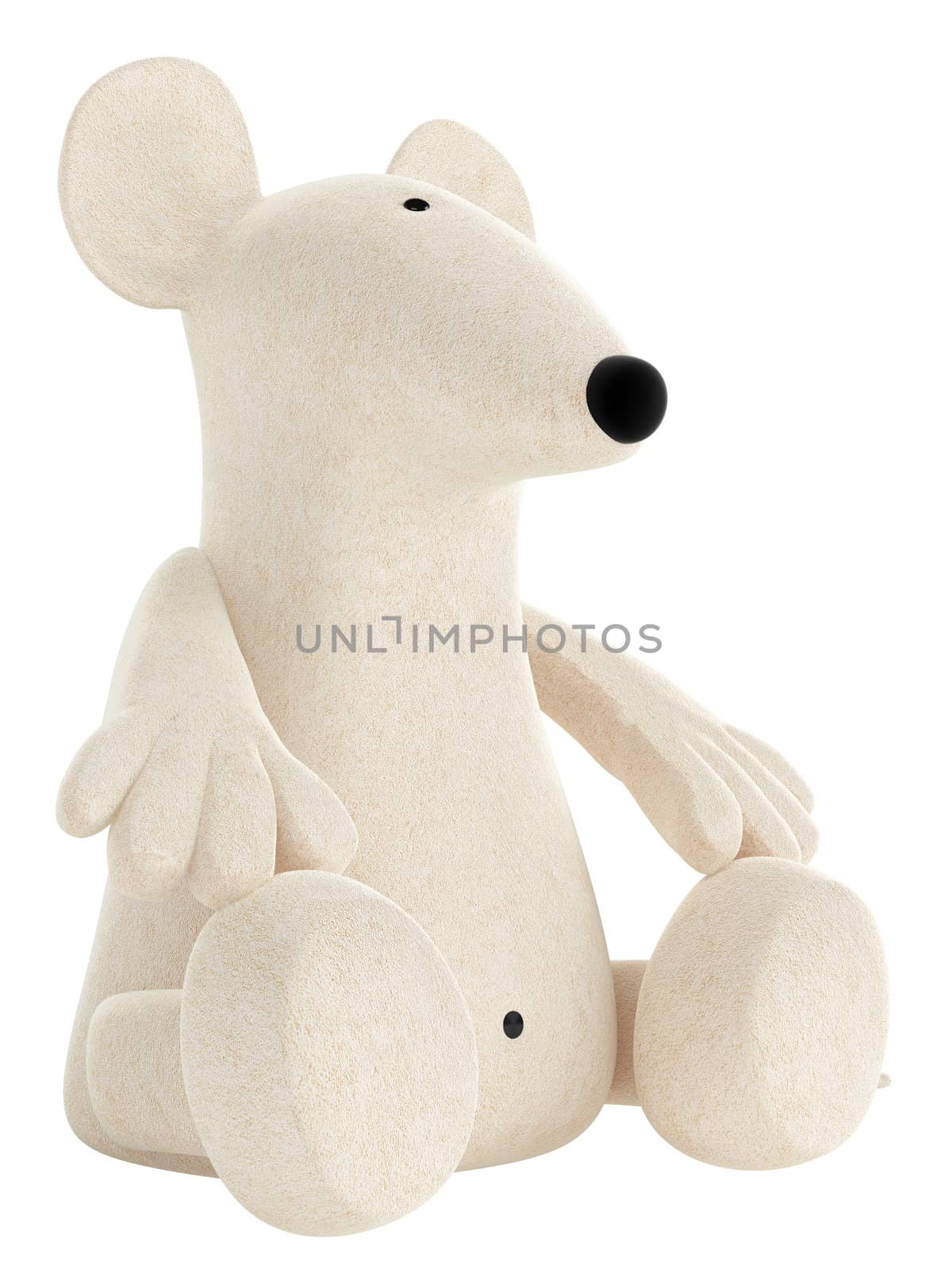 Cute white toy mouse or rat with a rather long nose sitting isolated on a white studio background